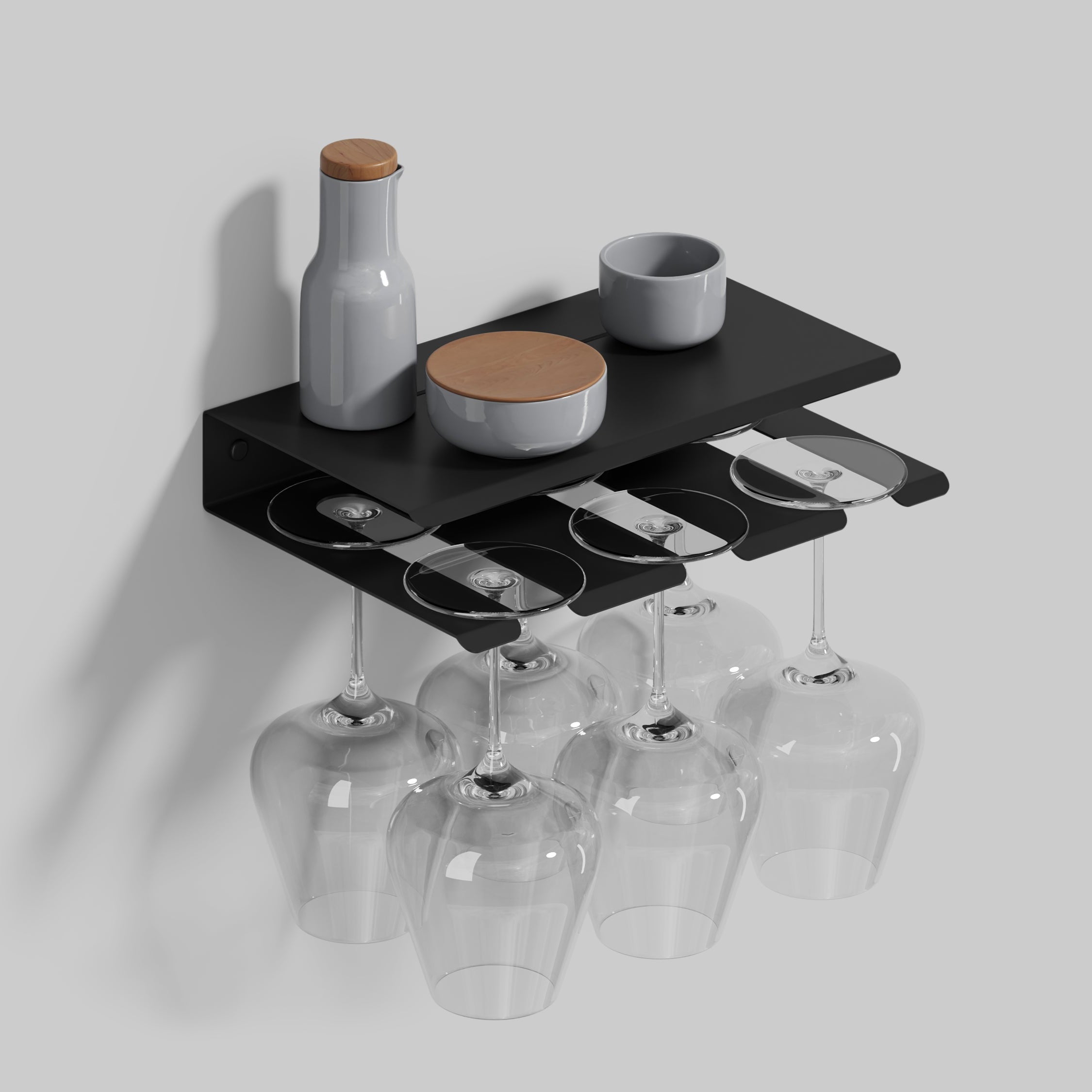 black holder with shelf for 6 wine glasses