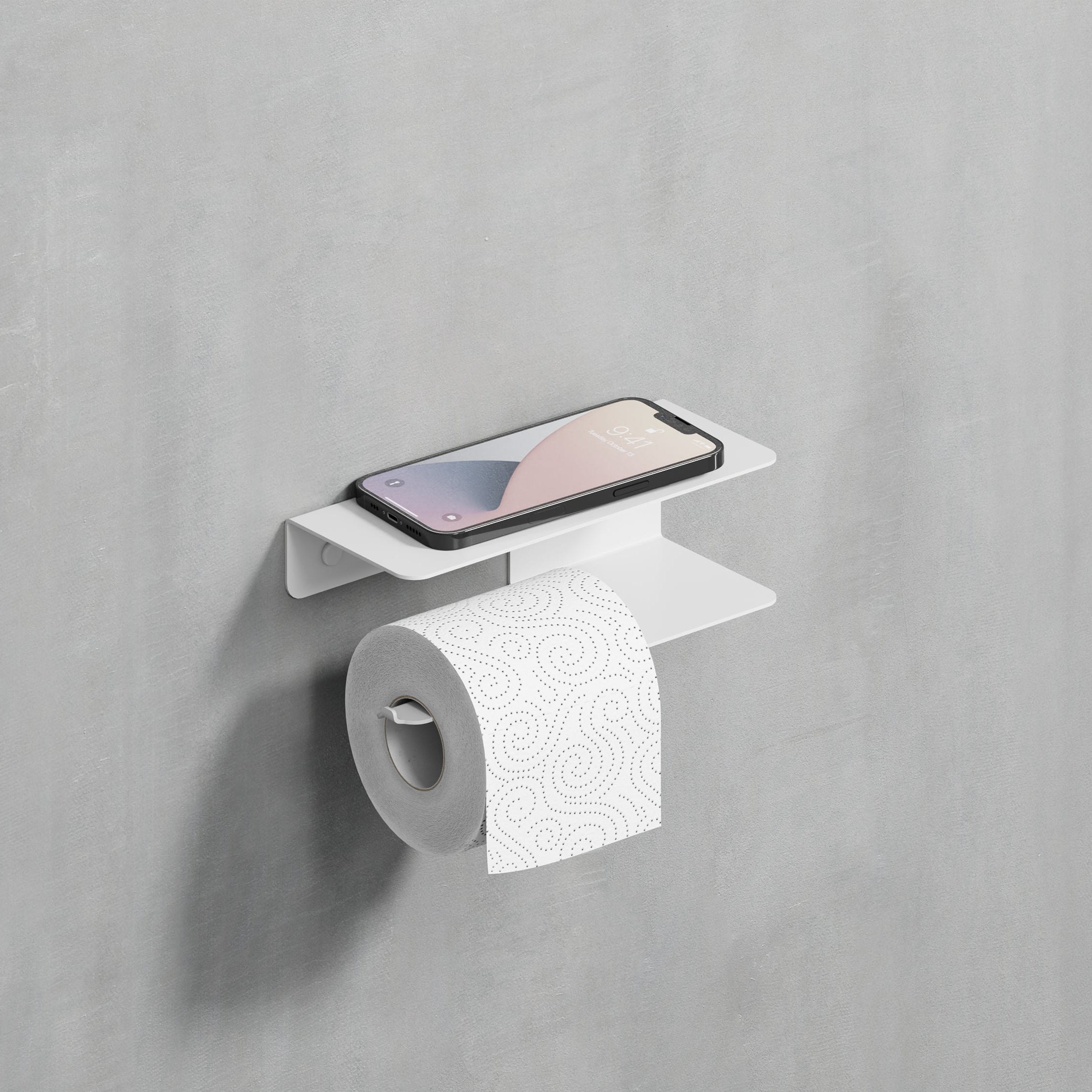 white steel toilet paper holder left side