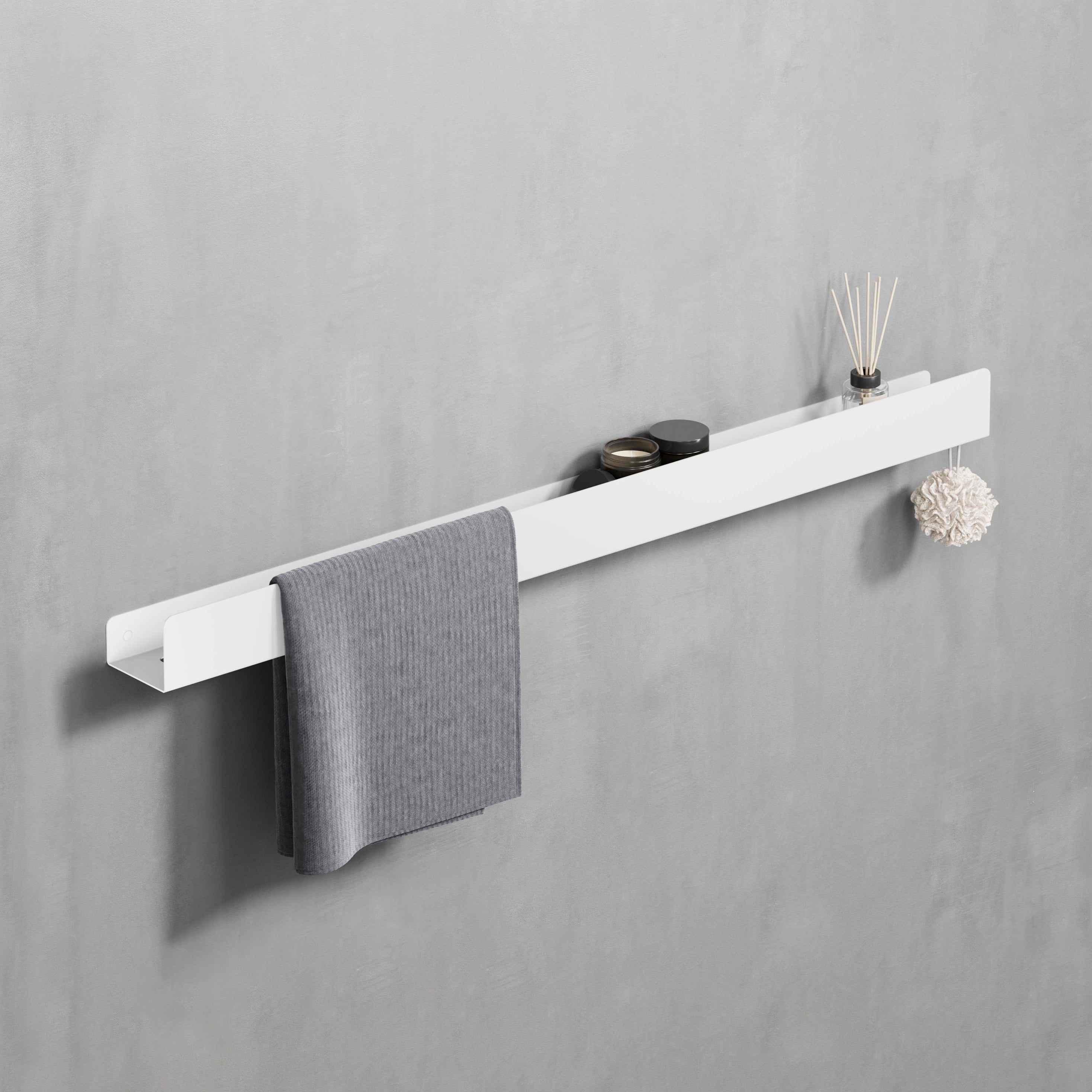 white moire shelf with towel rack