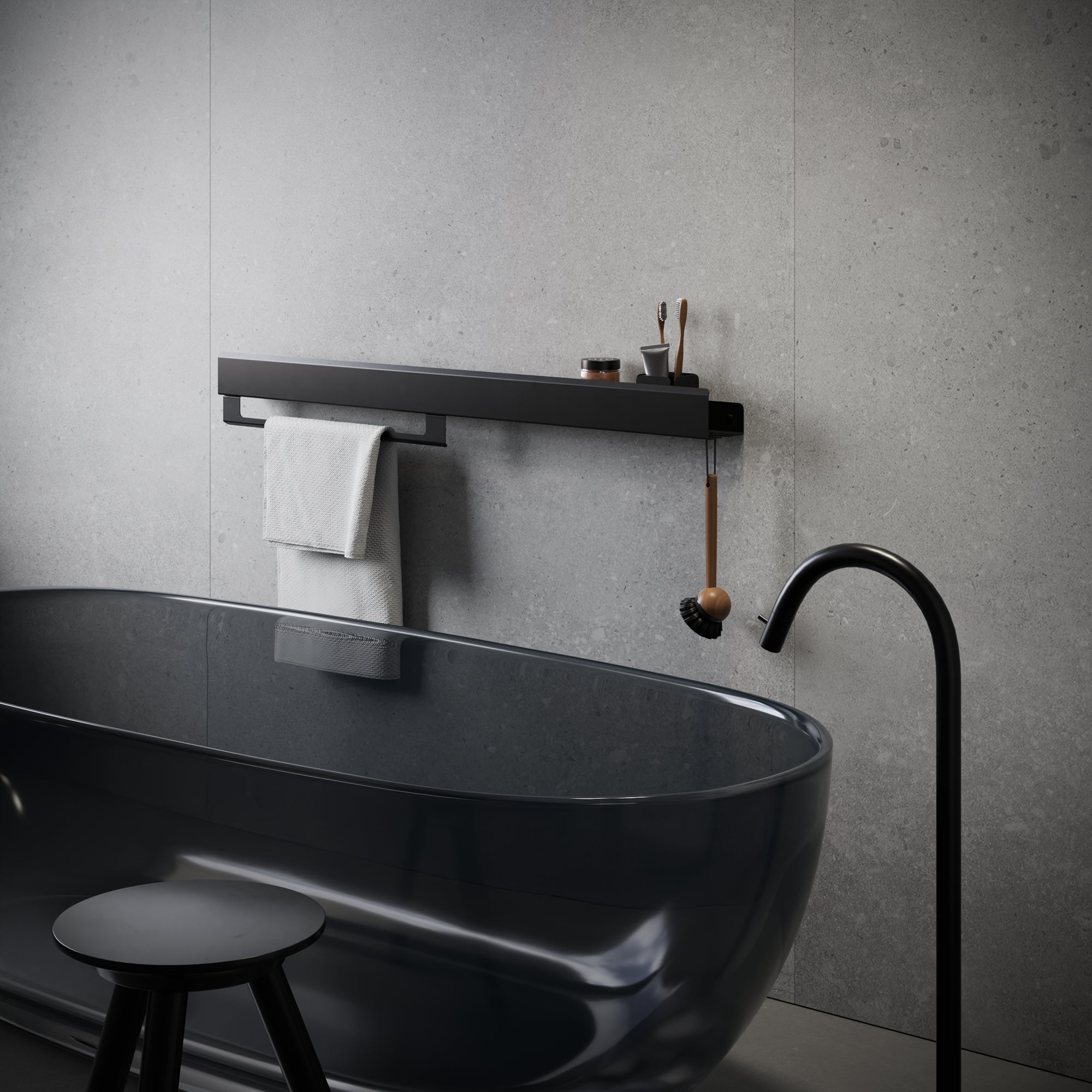 black glossy bathroom towel holder with hook