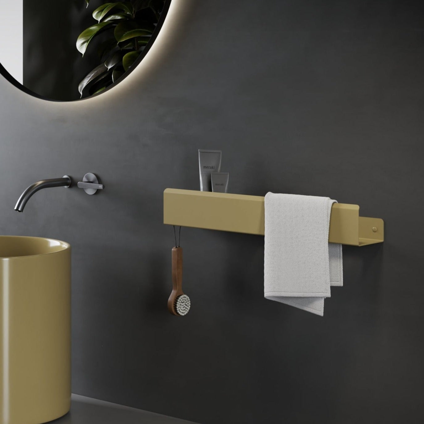 color bathroom shelf with towel