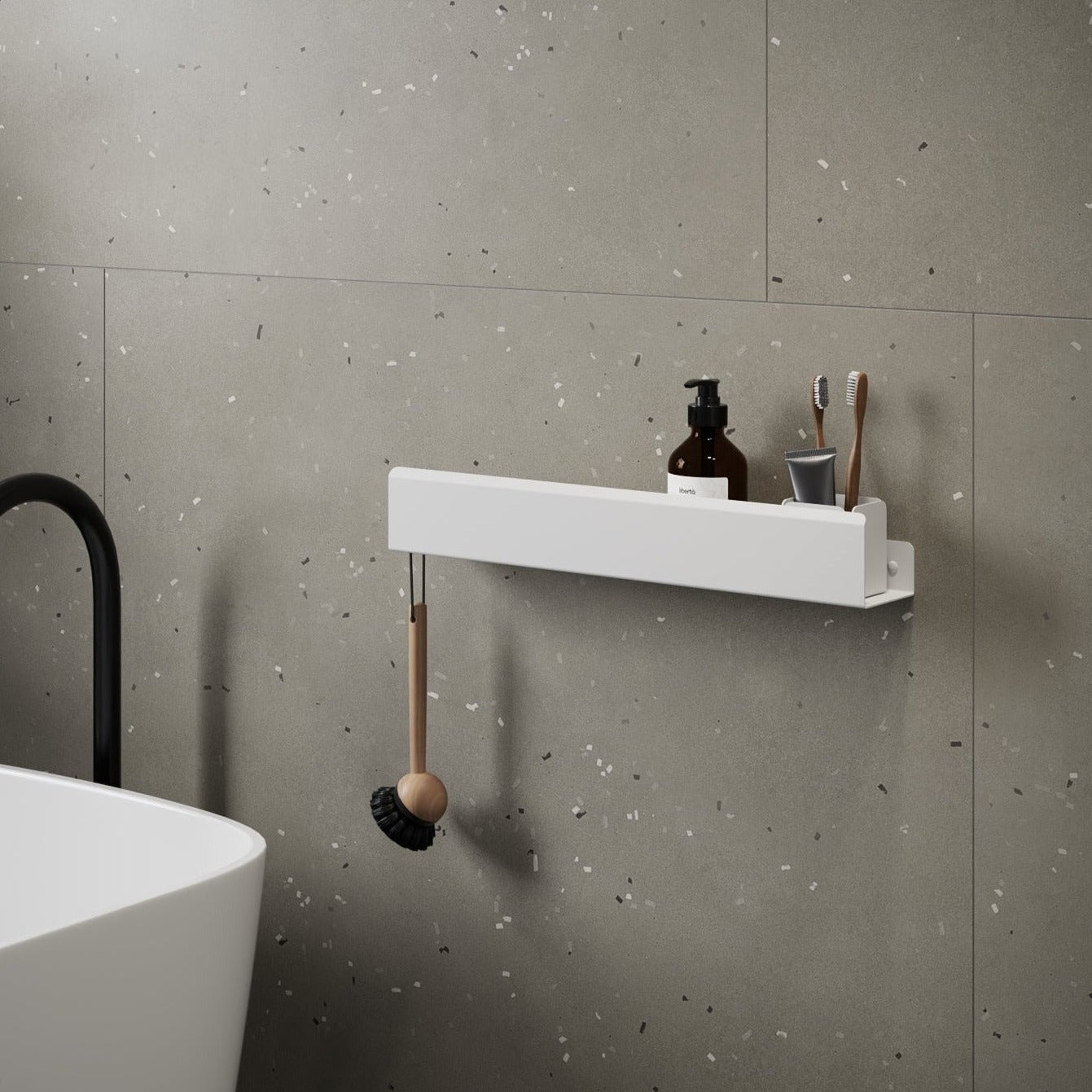 white glossy shower shelf