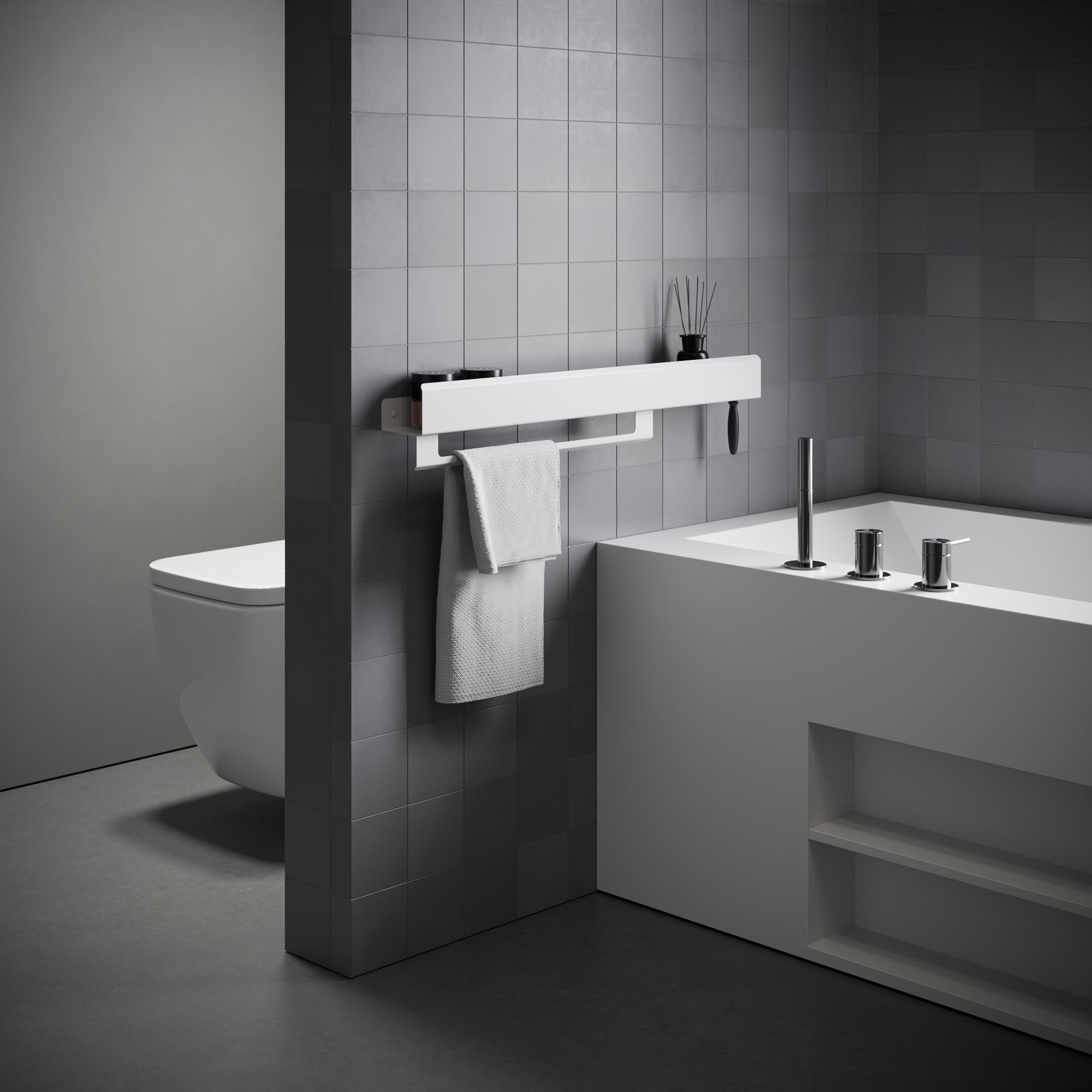 White matte steel towel holder with shelf loft