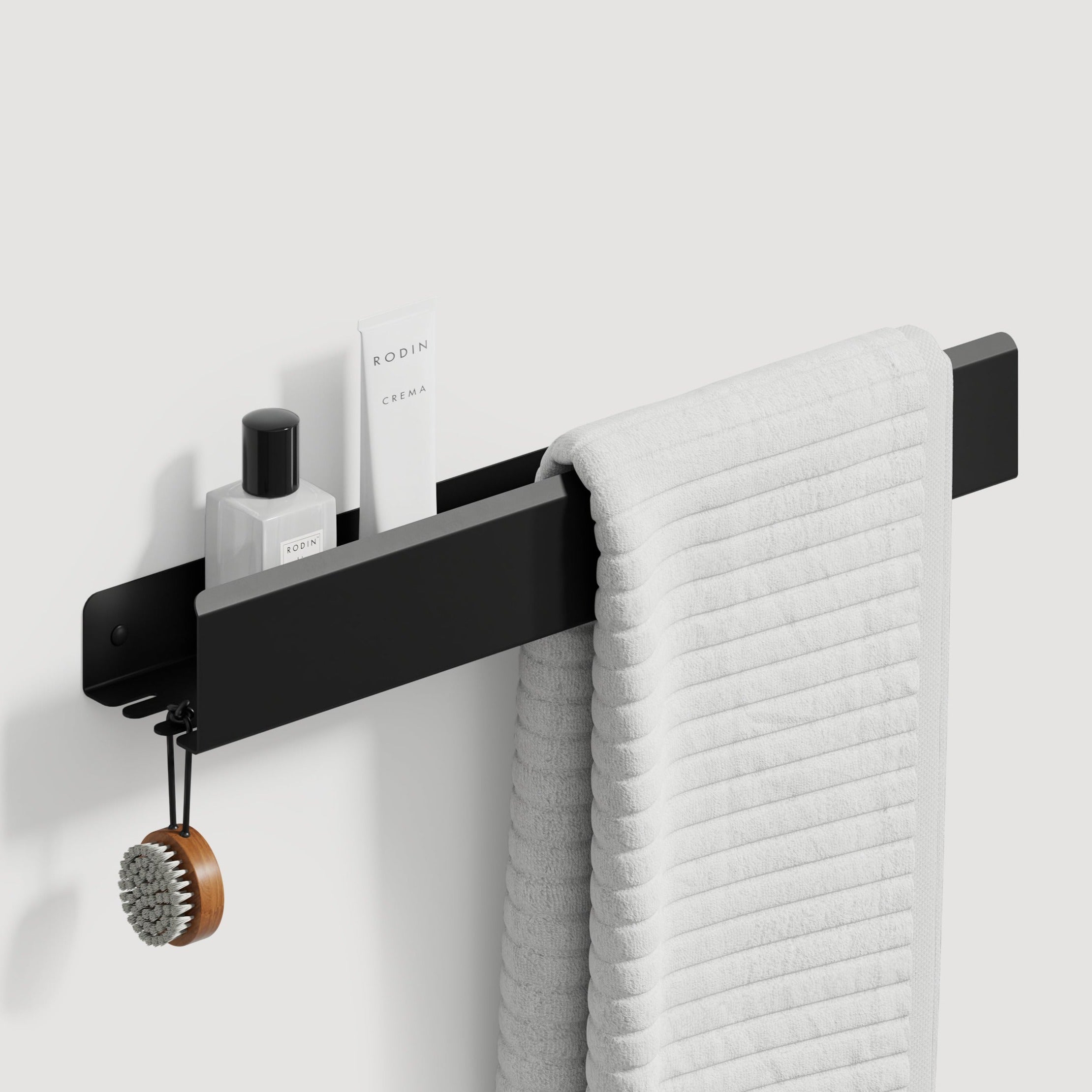 black towel rack with shelf and hook