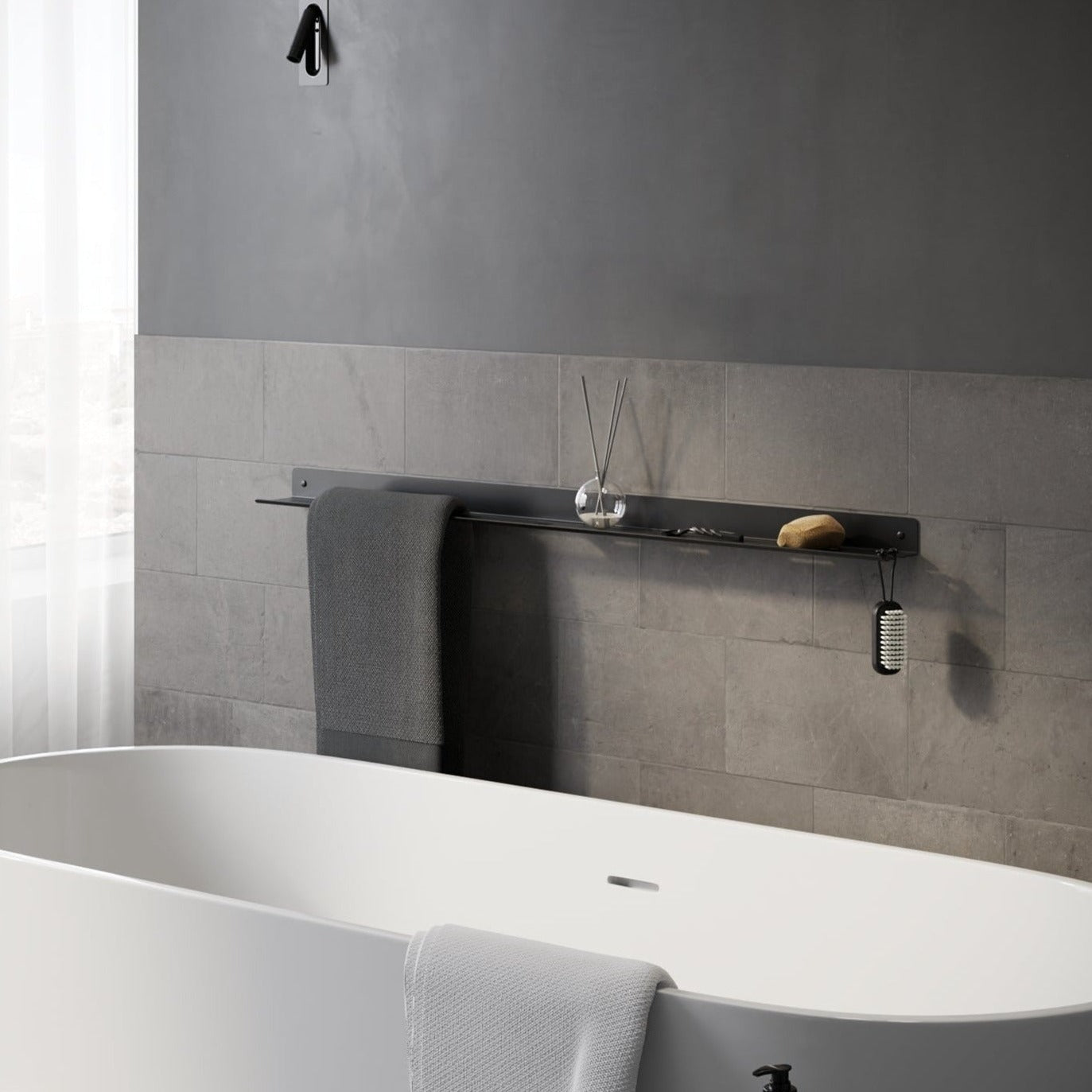 long metal bathroom shelf