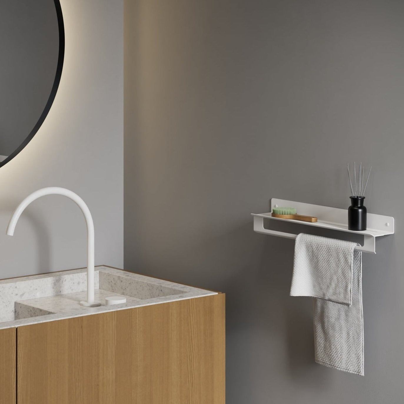 bathroom white towel shelf plain