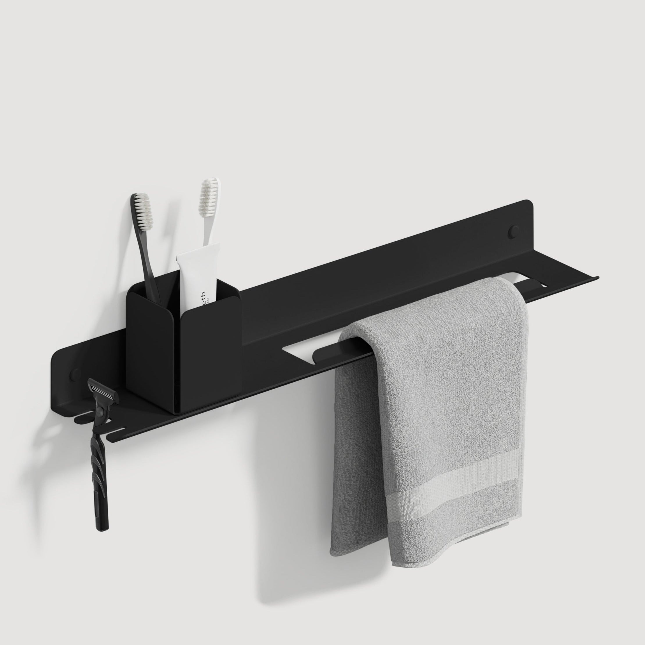 black bathroom towel rack with shelf