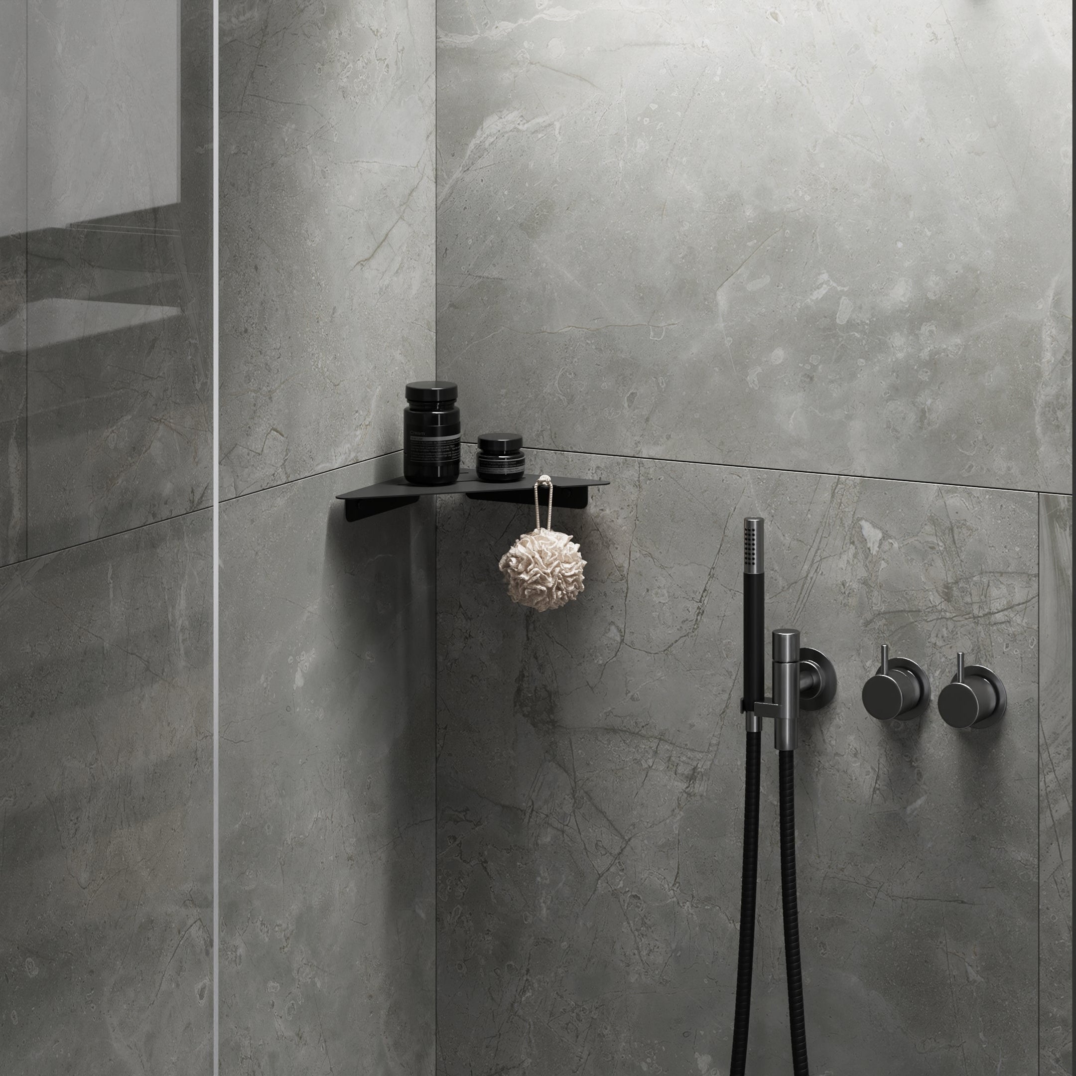 black matte corner shower shelf with hook in bath