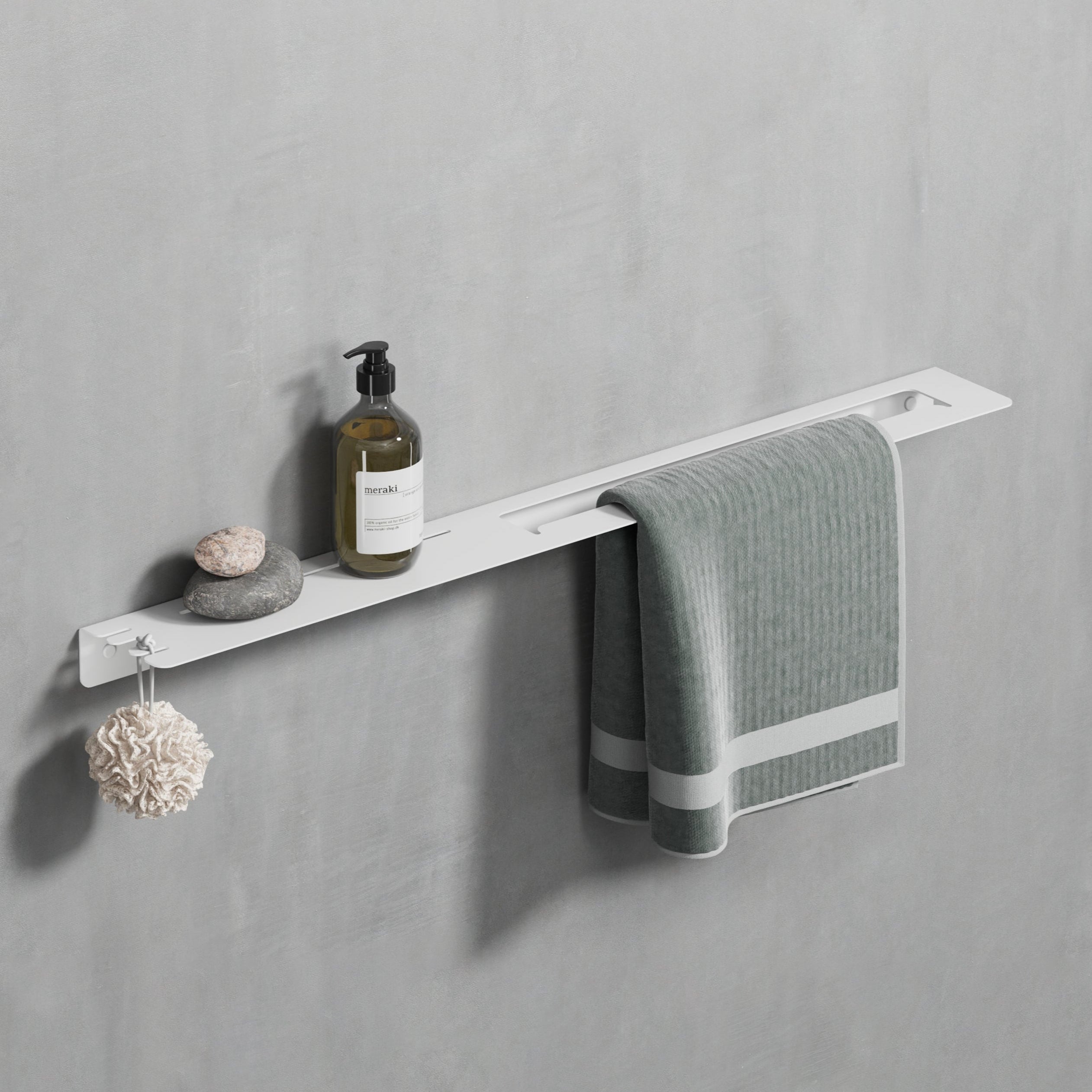 long shelf with towel holder with hook