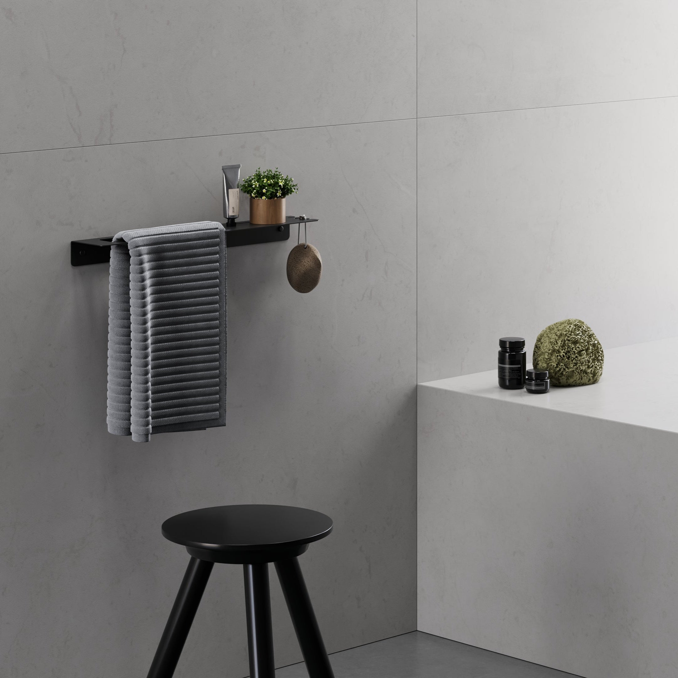 minimalist bathroom design with towel rack and shelf