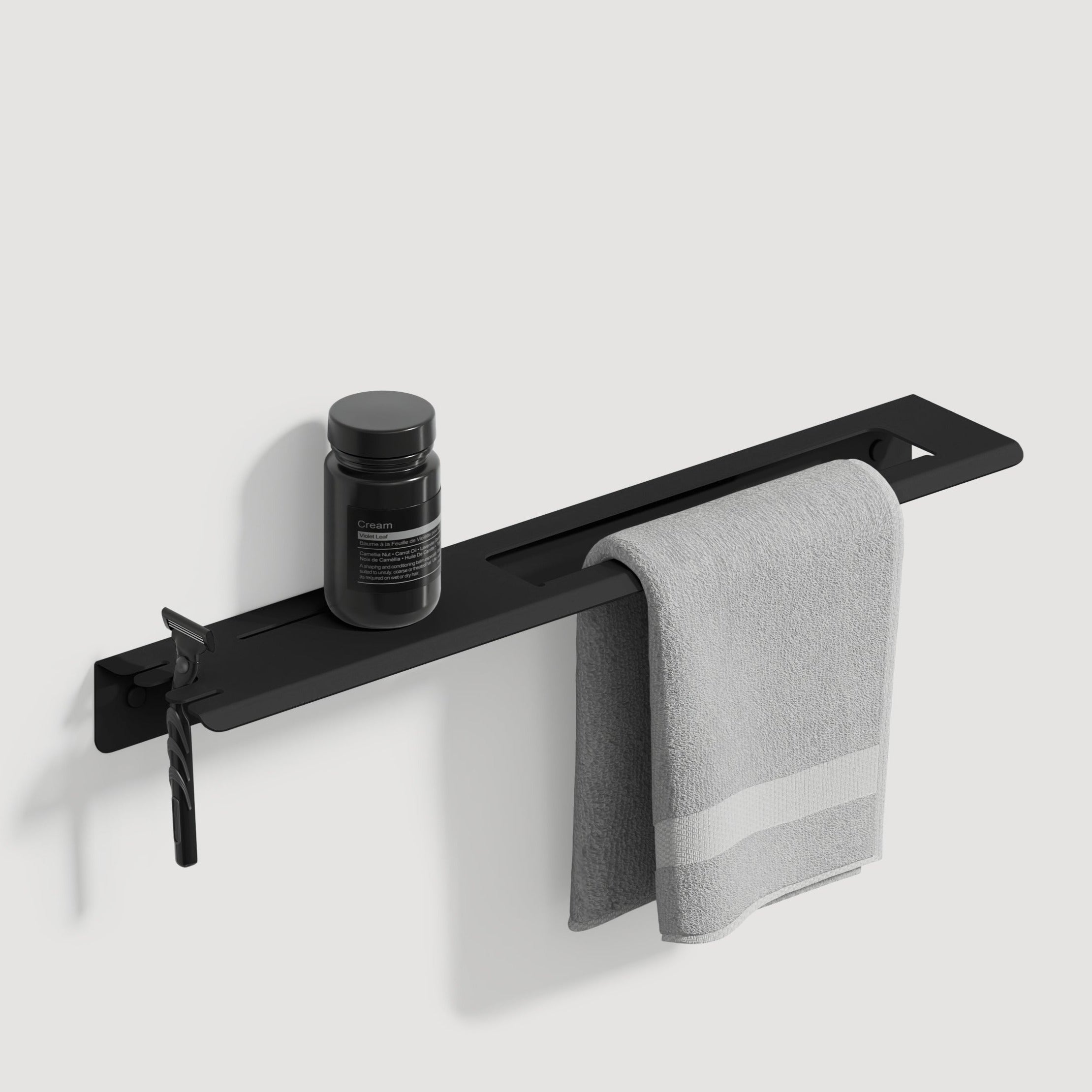 black matte towel rack with shelf