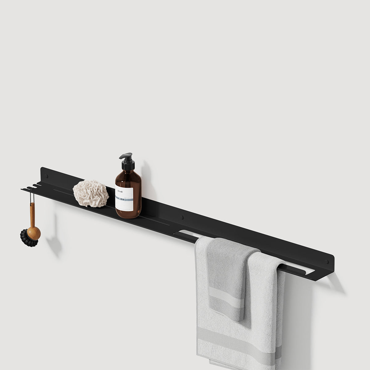 black shelf with towel rack and hook plain