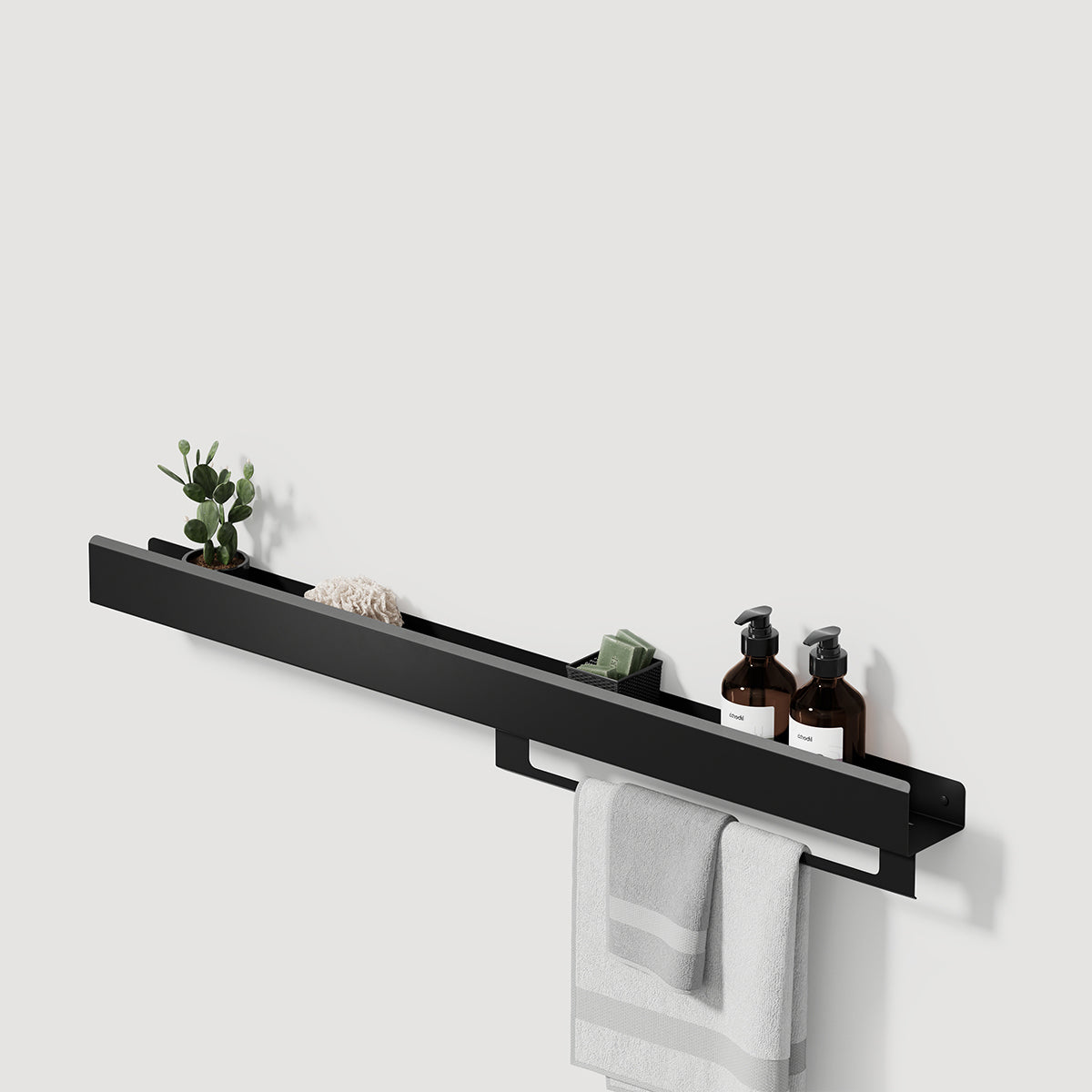 black steel bathroom shelf with towel holder