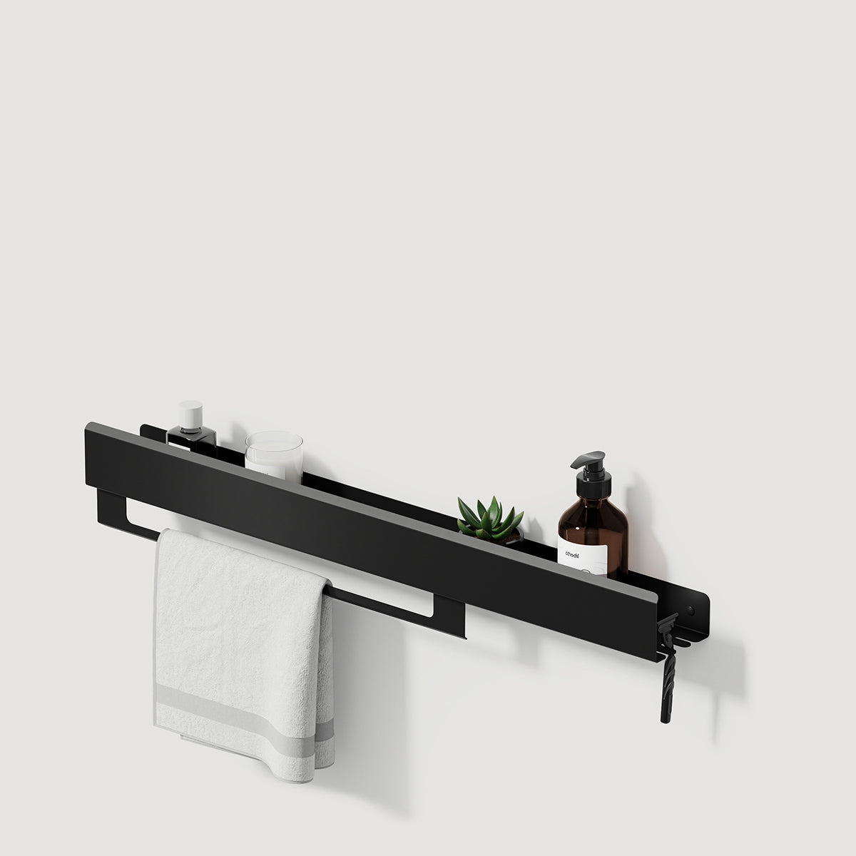Black steel towel holder with long shelf