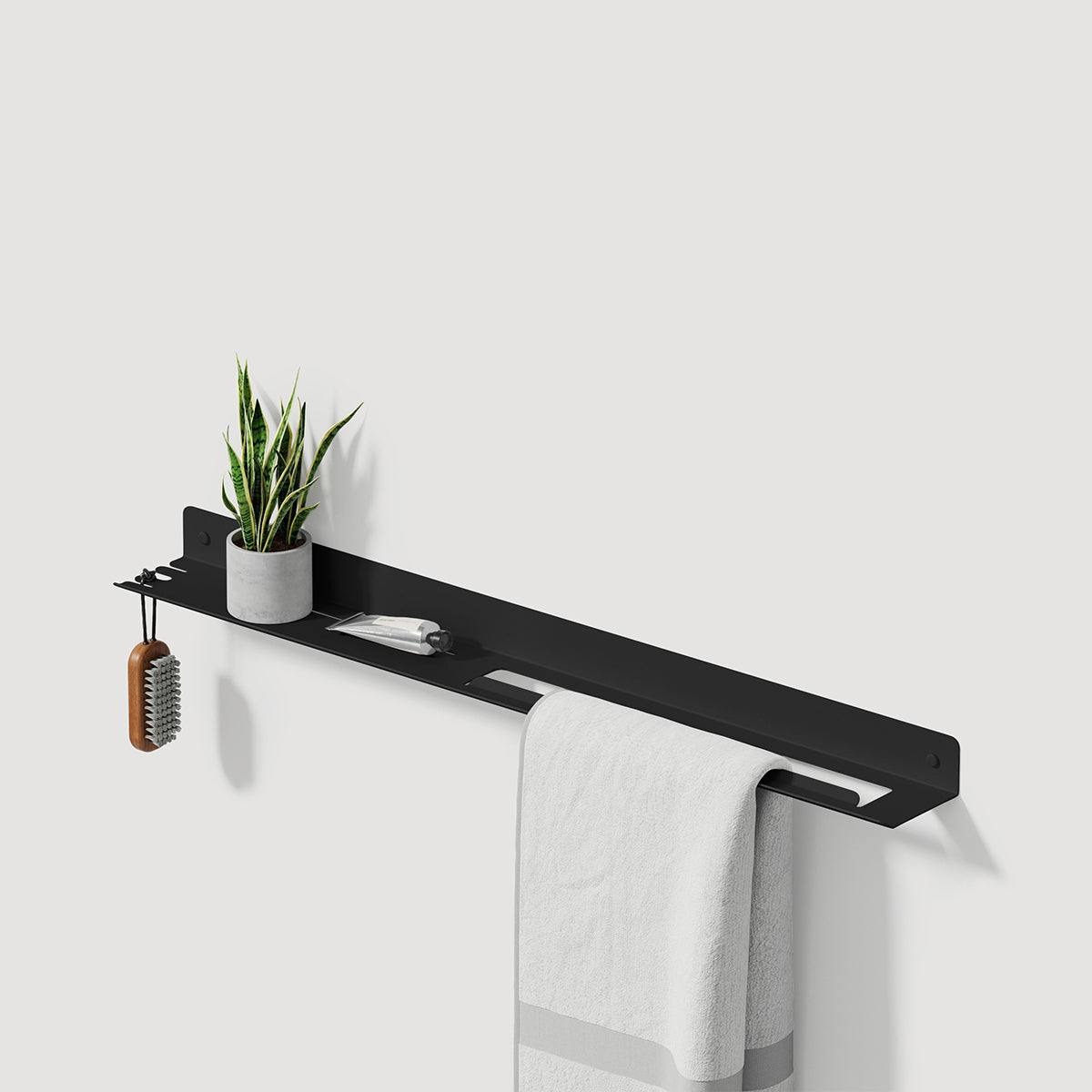 black glossy bathroom towel rack with shelf
