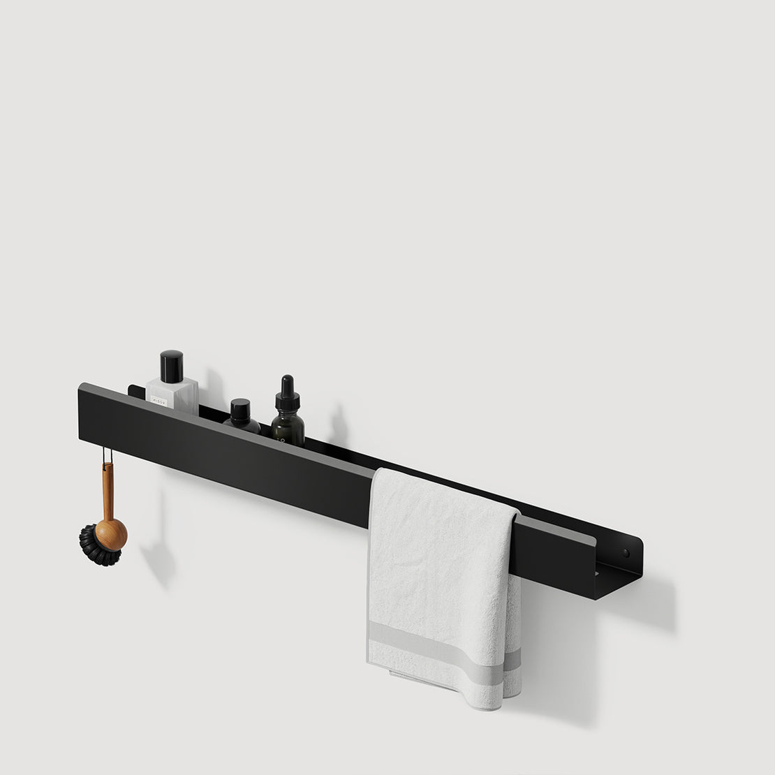 long bathroom shelf with towel bar