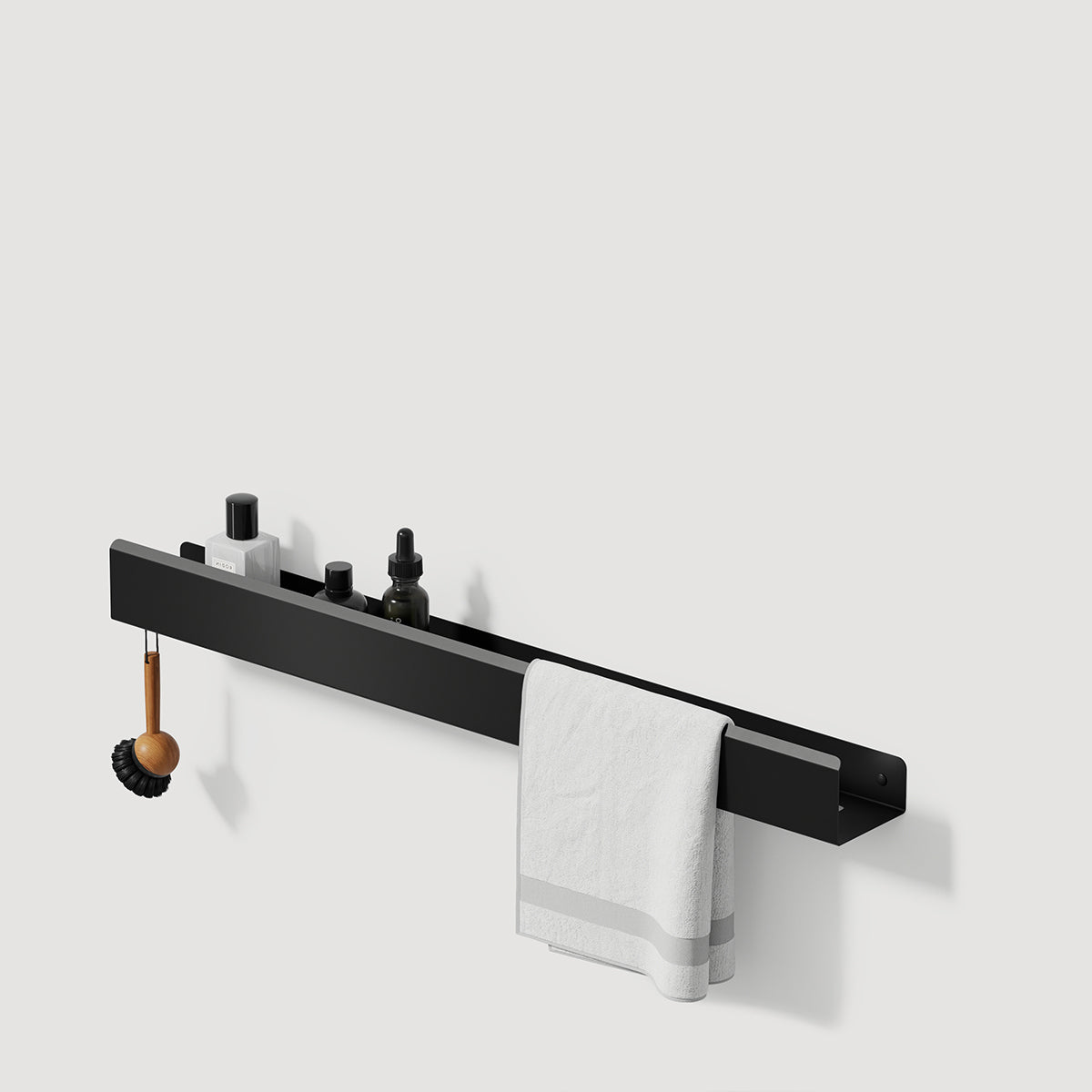 long bathroom shelf with towel bar