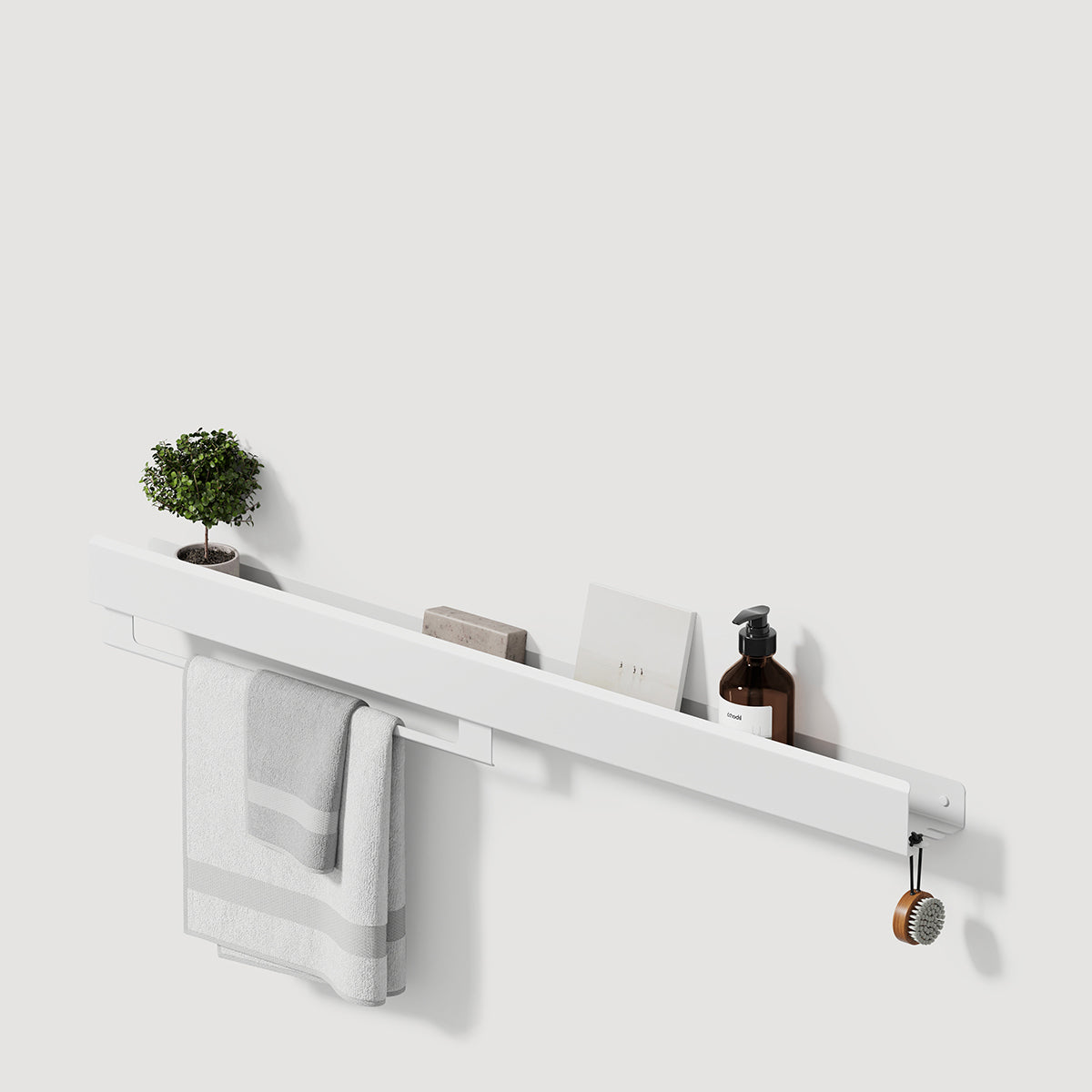 long white steel shelf with towel