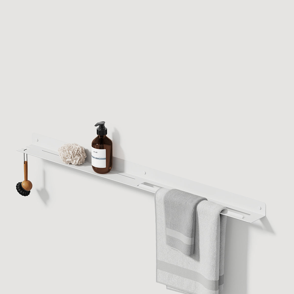 white matte shelf with towel rack
