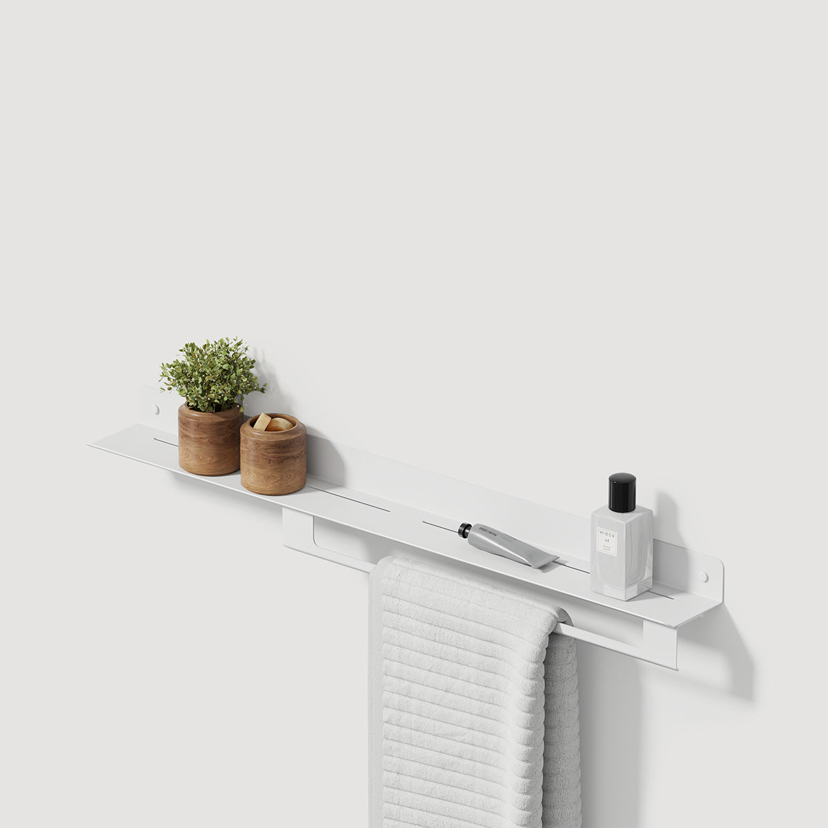 bath shelf with towel holder on right