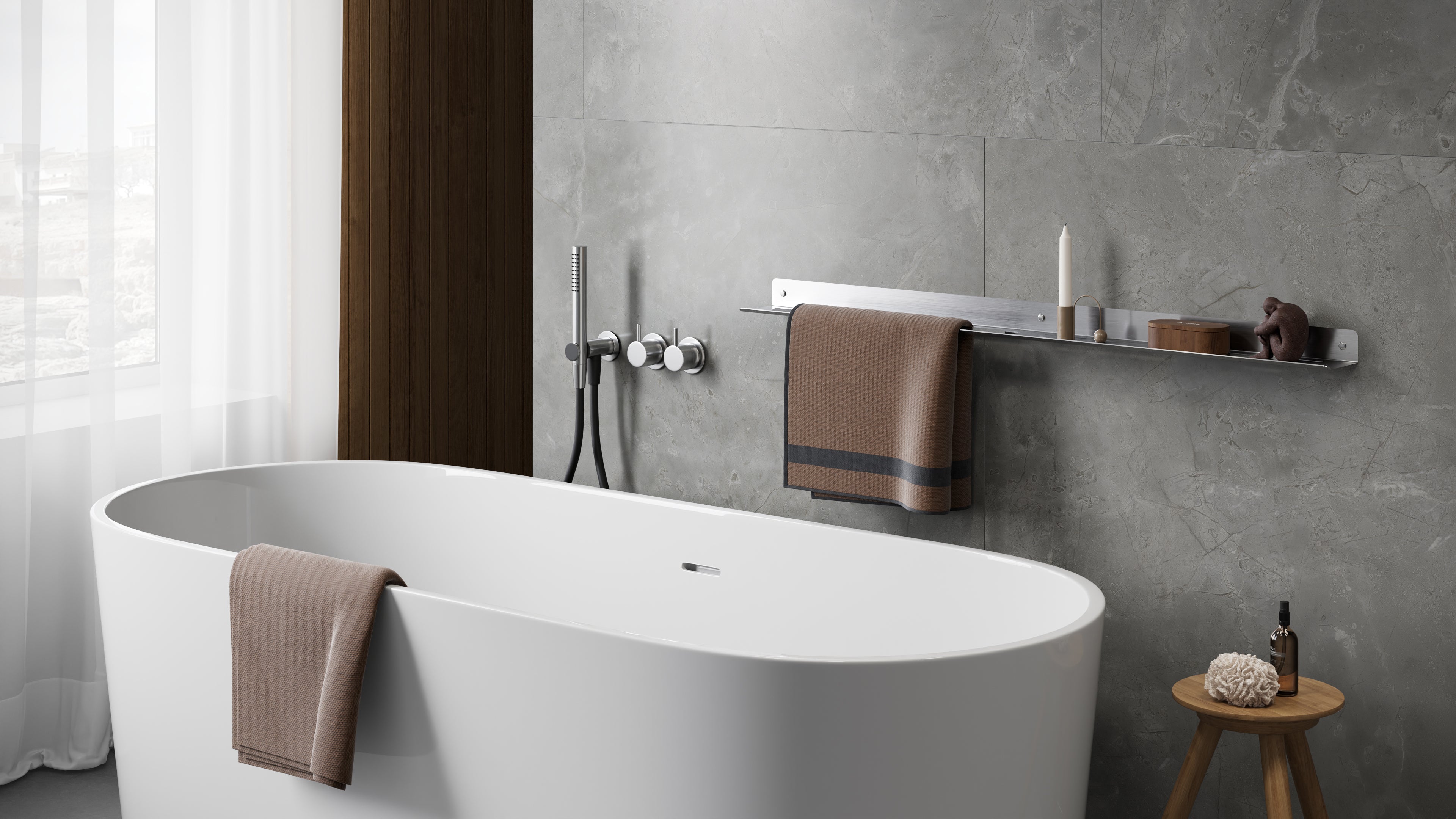 Long Bathroom Shelf with towel holder. Brushed stainless steel