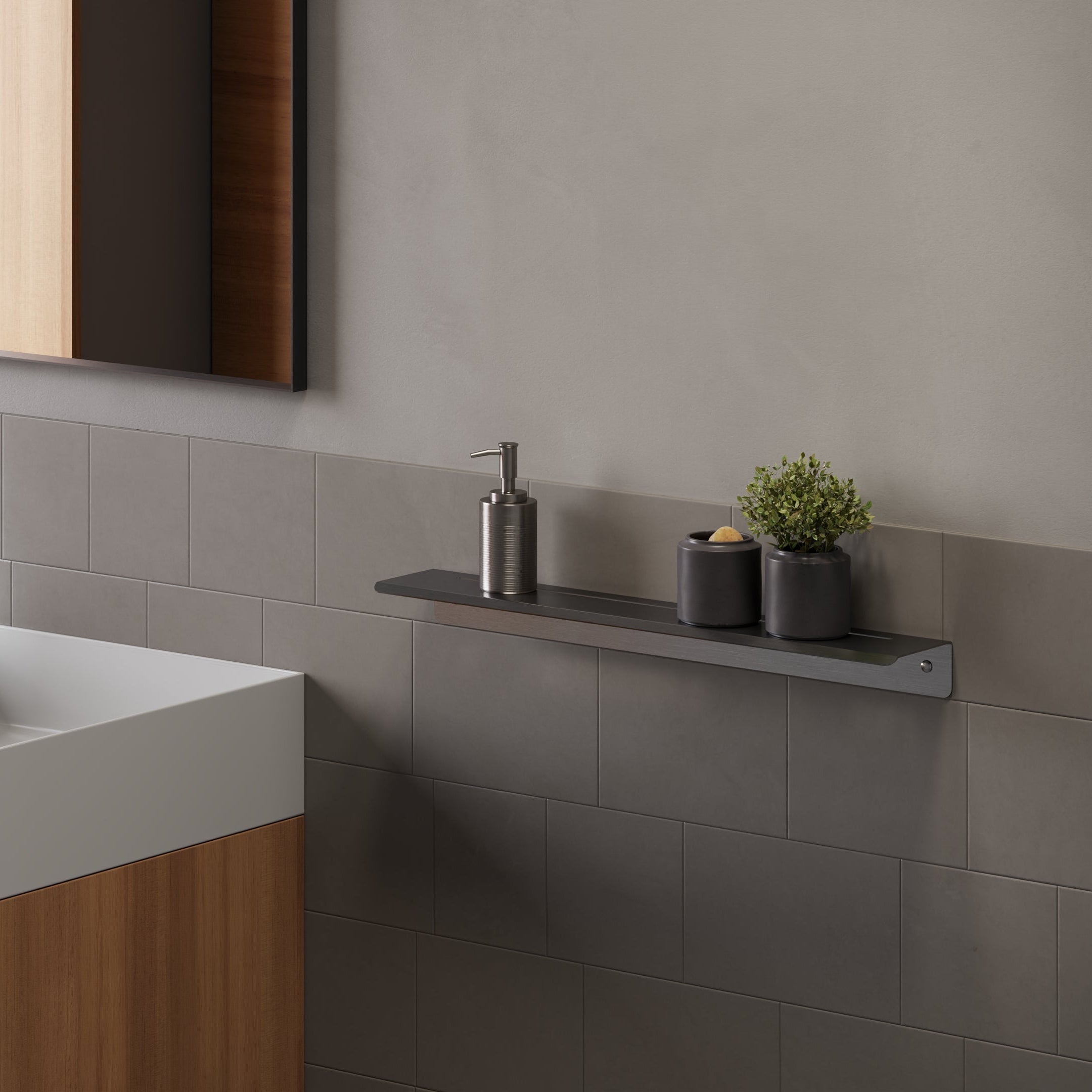 brushed steel bathroom shelf drilled in tiled wall