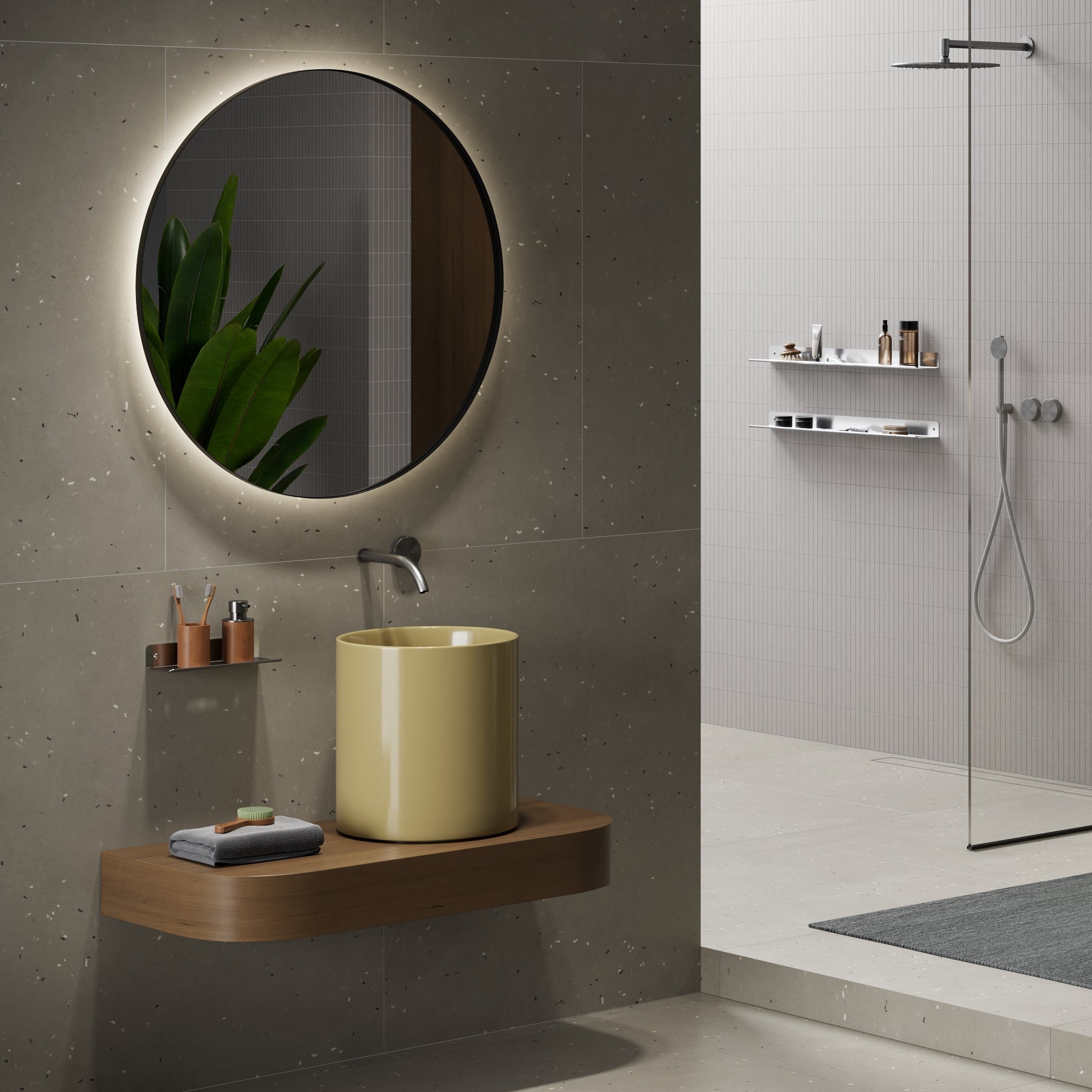 Modern bathroom with yellow freestanding bathtub, round mirror, and glass shower enclosure.
