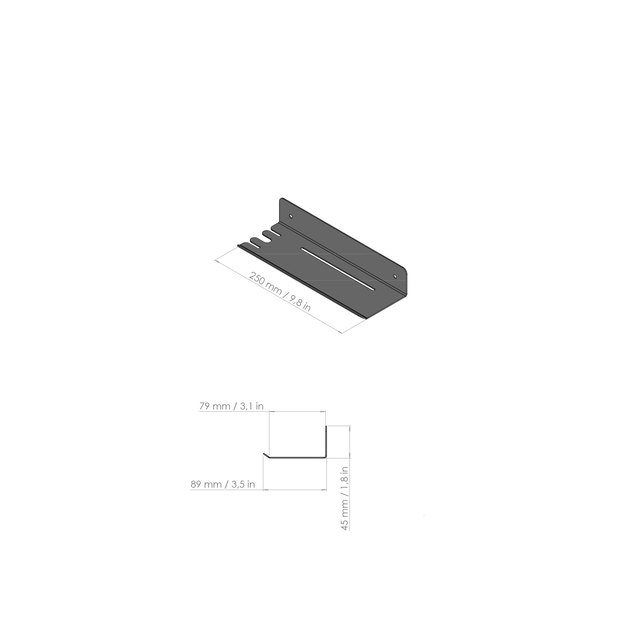 Gray metal bracket with dimensions on a white background
