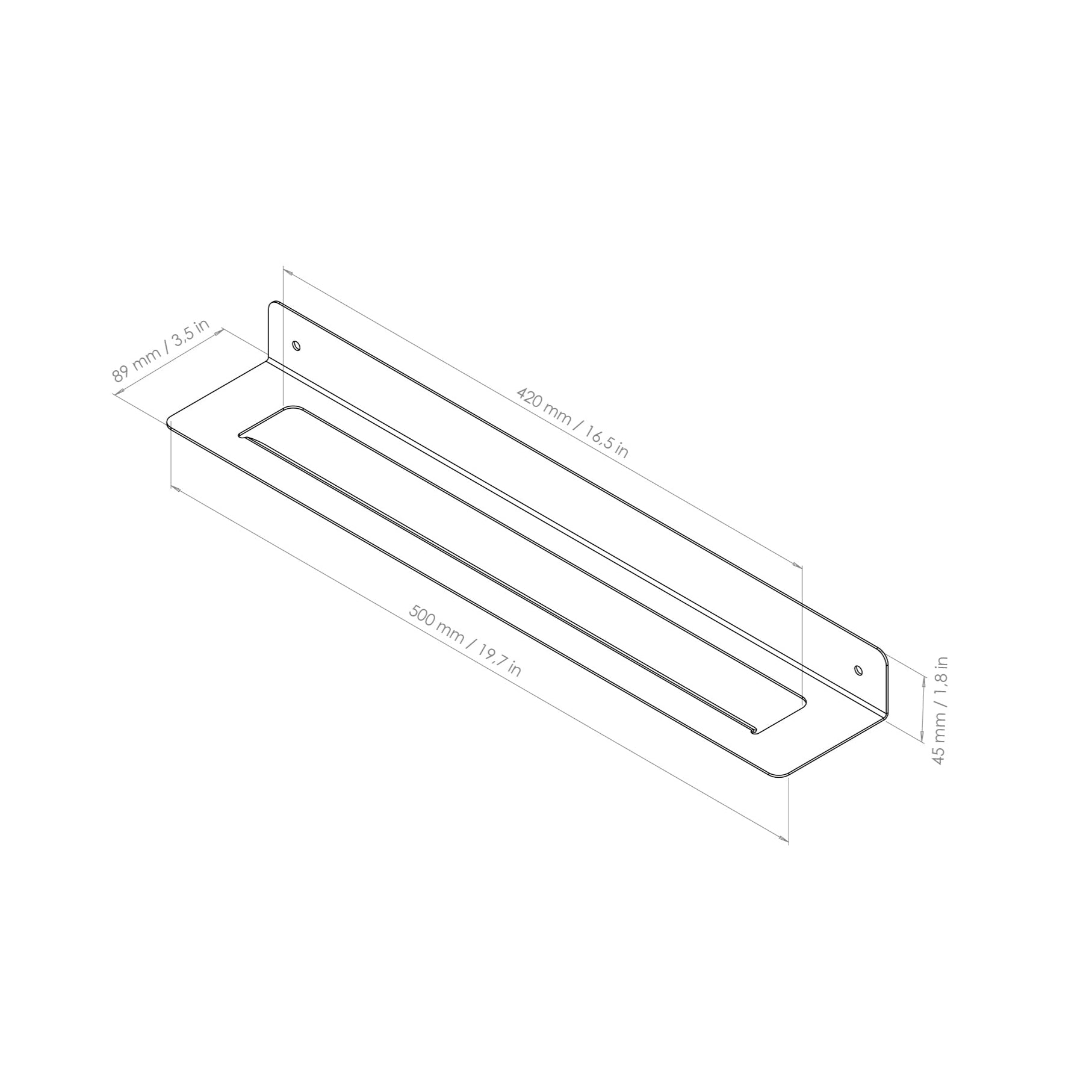 powder-coated steel wall-mounted towel shelf positioned in the middle. drawing