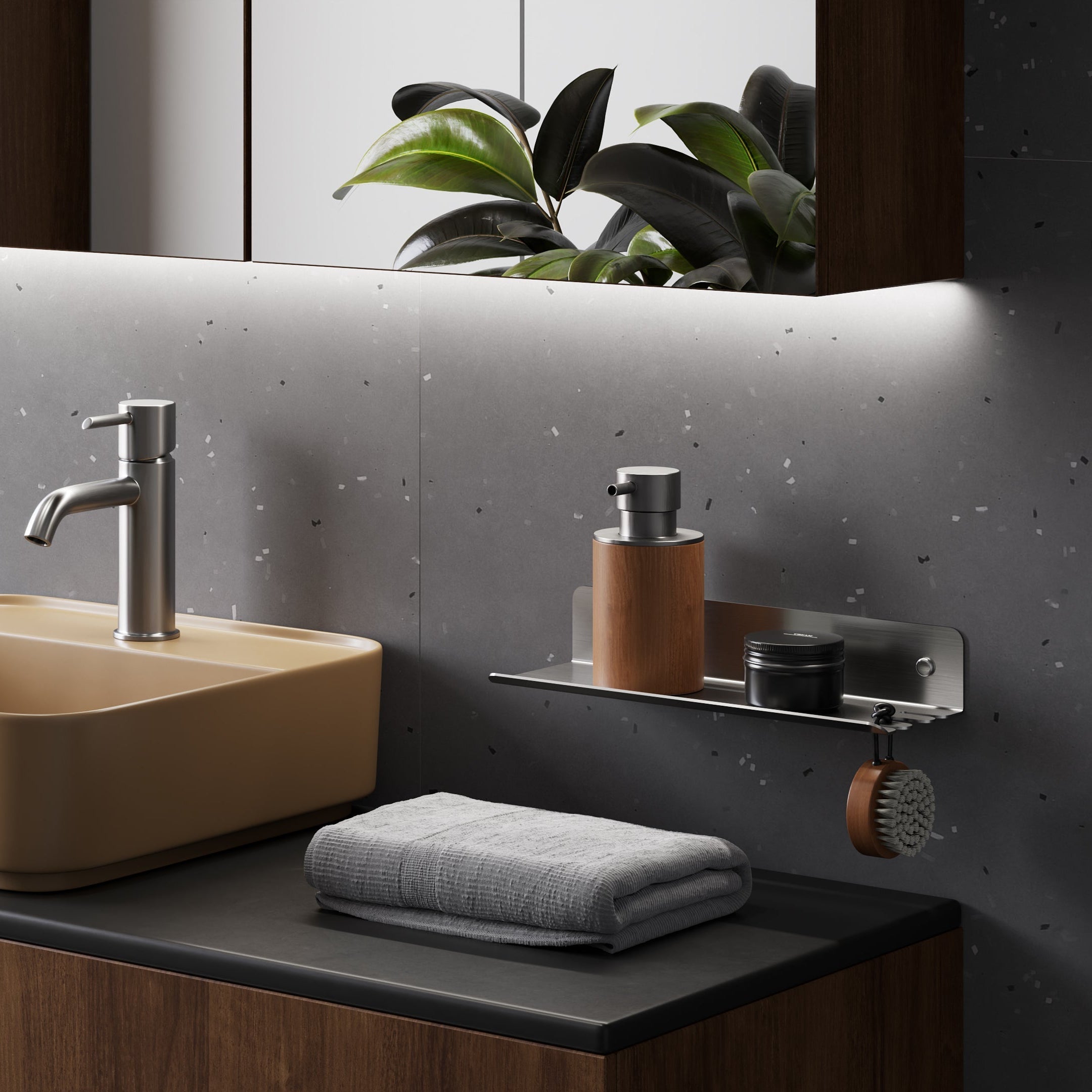 Modern bathroom shelf with hook with beige sink, towel, and toiletries on a wooden vanity.