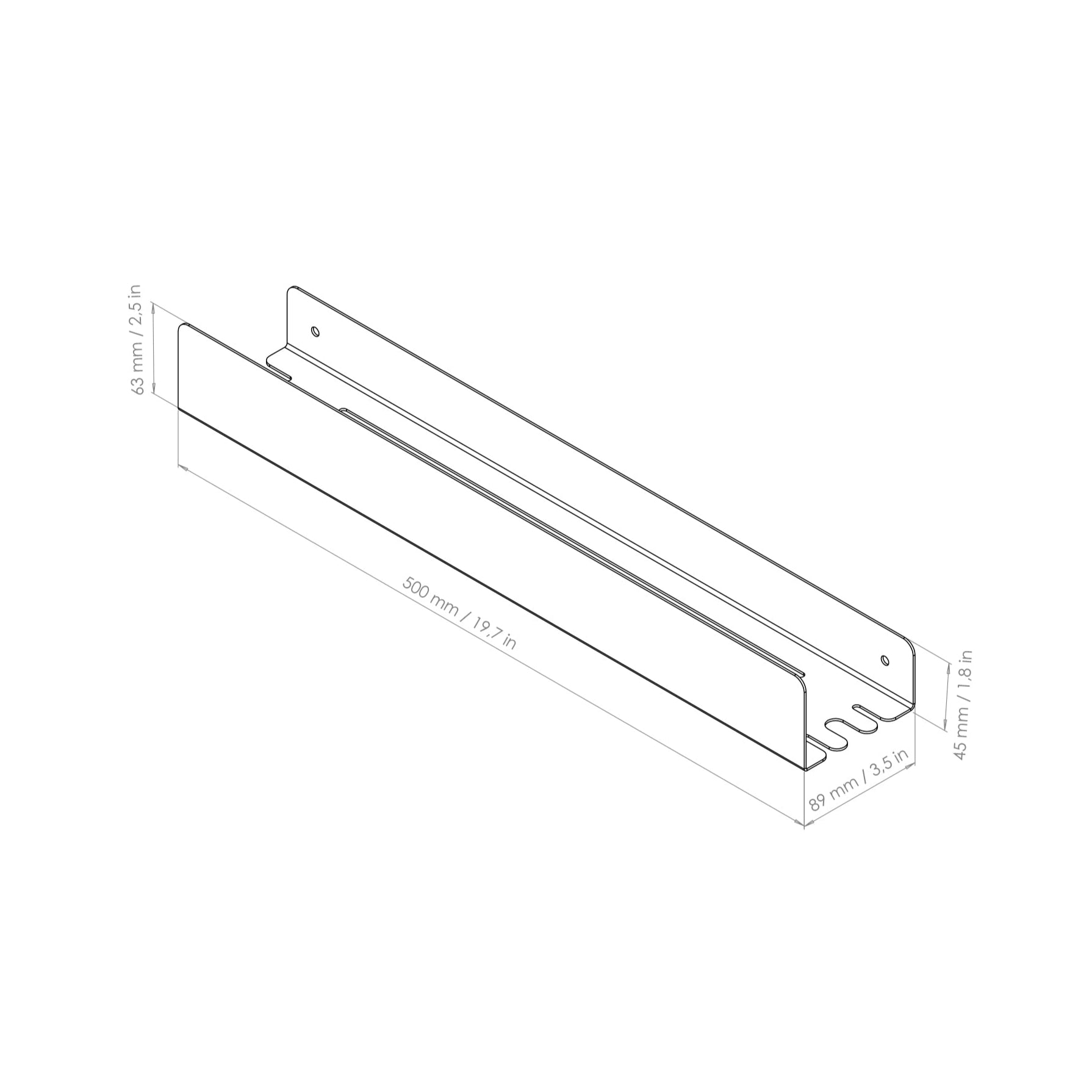 drawing with measurements for a 20" shelf