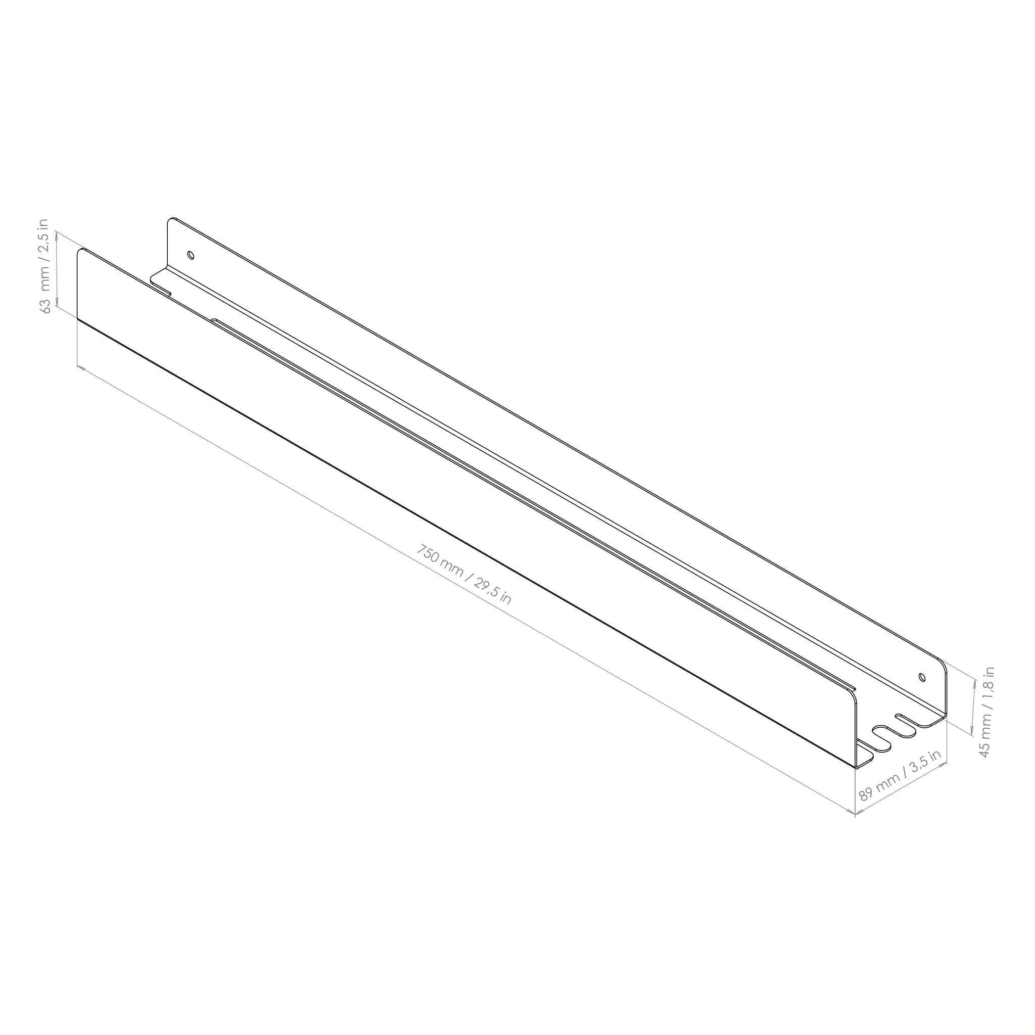 drawing with measurements for a 75cm shelf