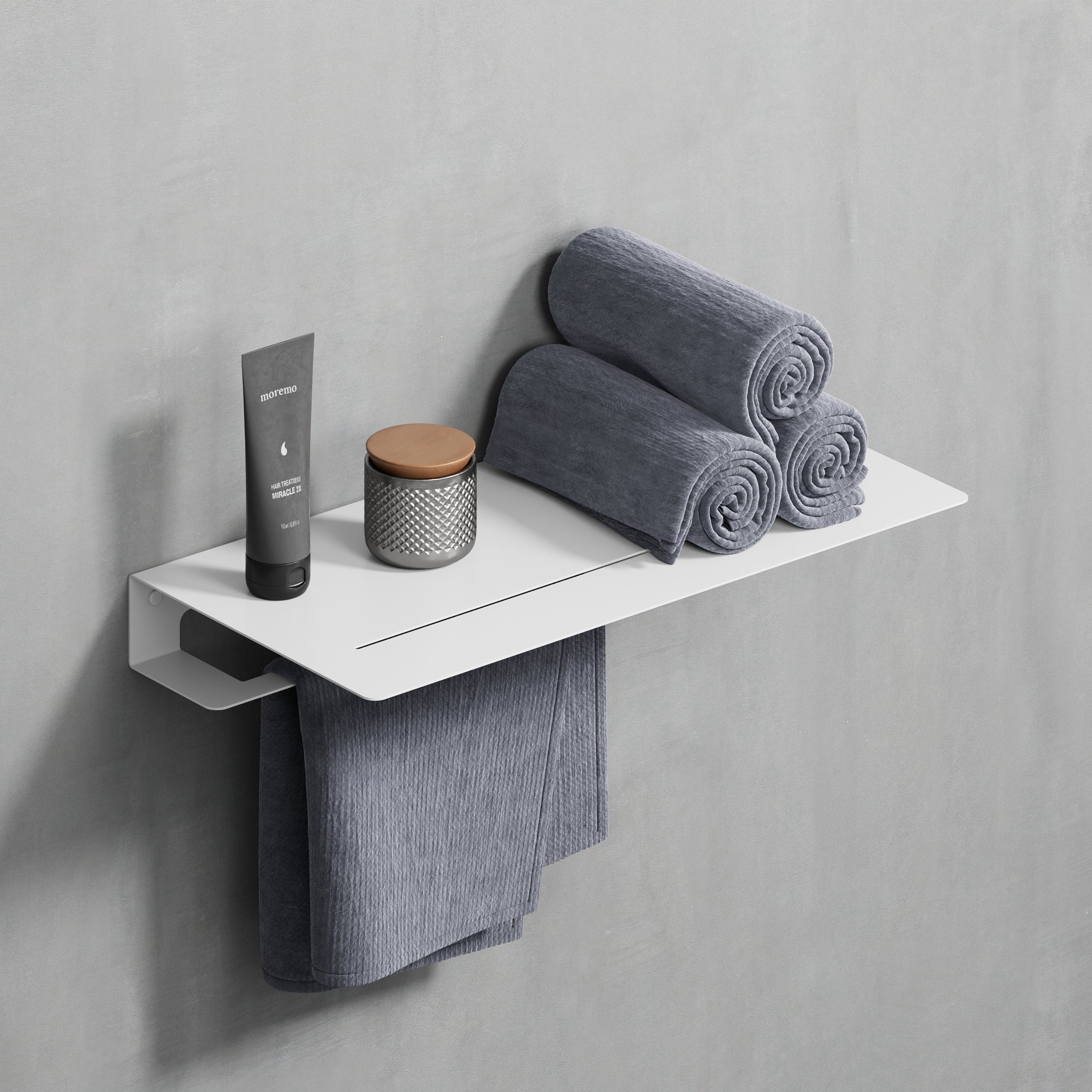 white towel holder with shelf