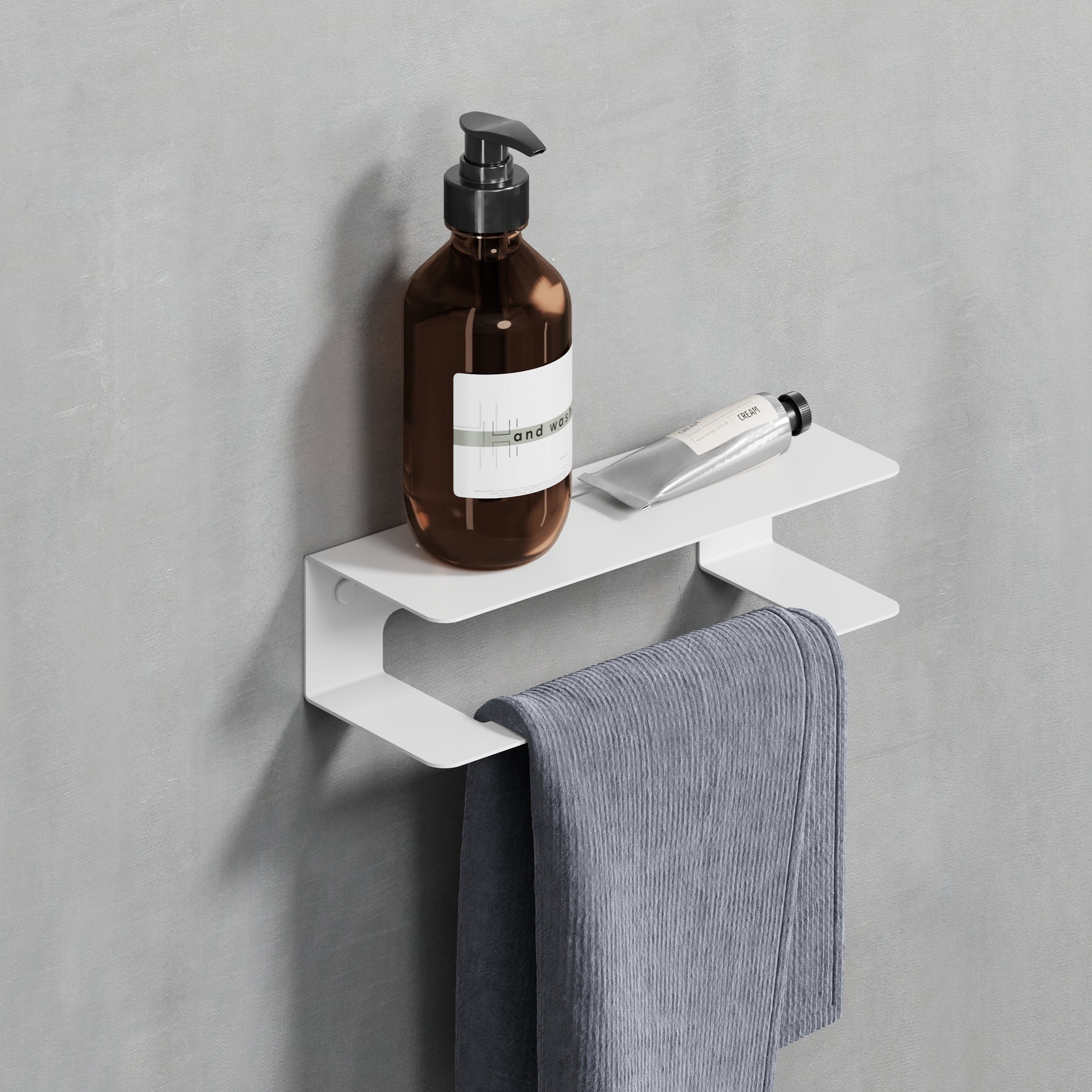 whote steel towel holder with shelf