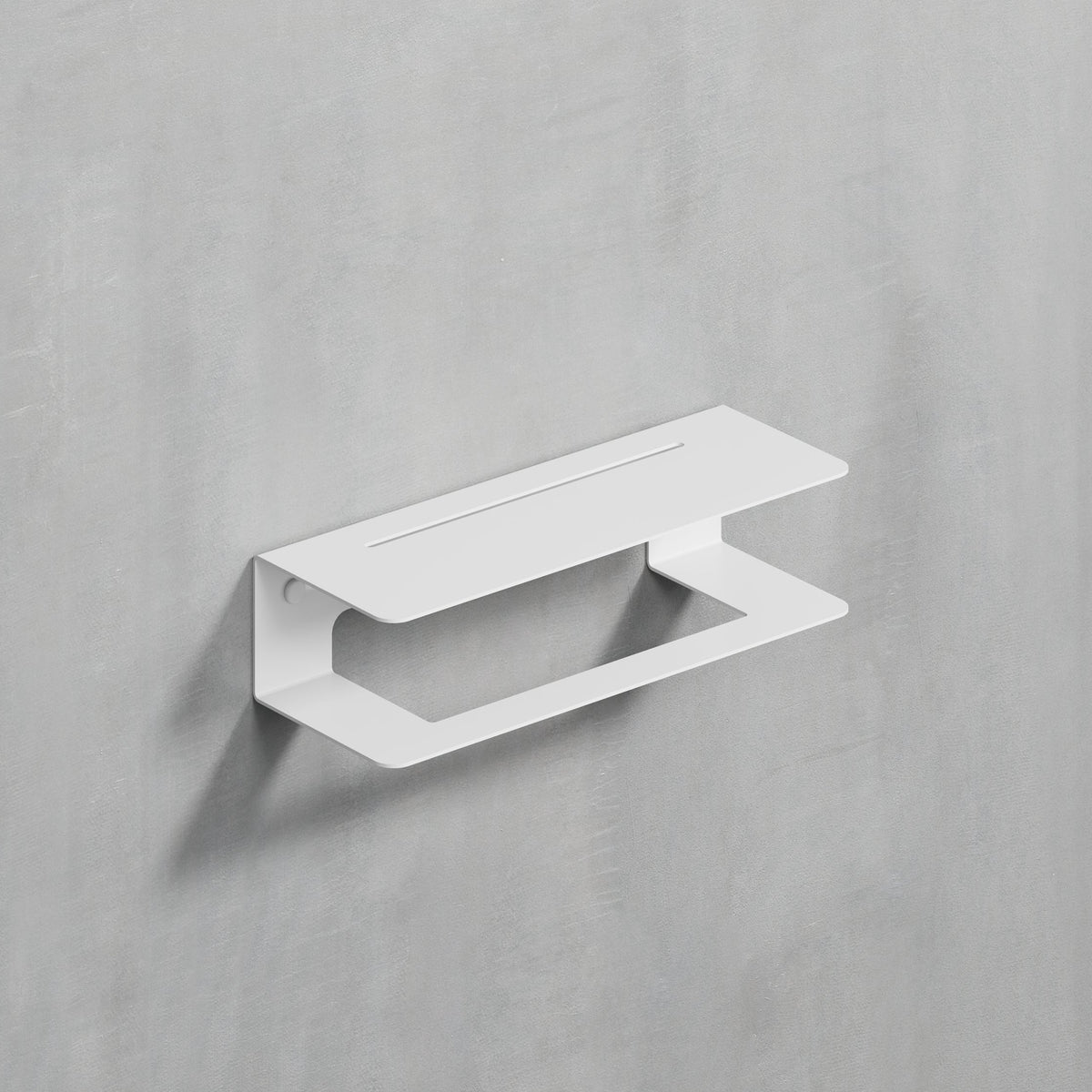 A minimalist white wall-mounted toilet paper holder with a sleek, modern design, shown against a textured light gray wall.