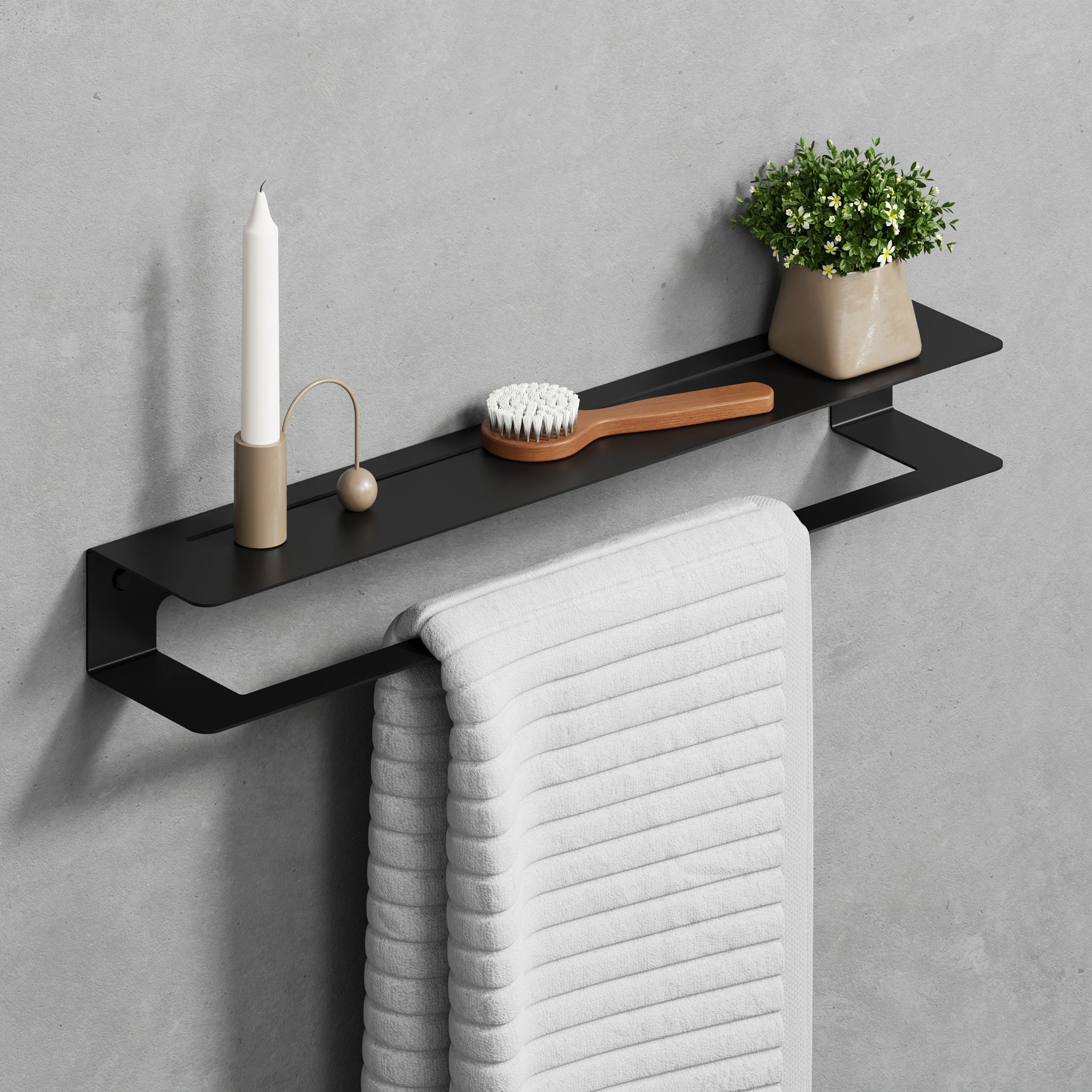 black matte wall towel holder 50cm with shelf