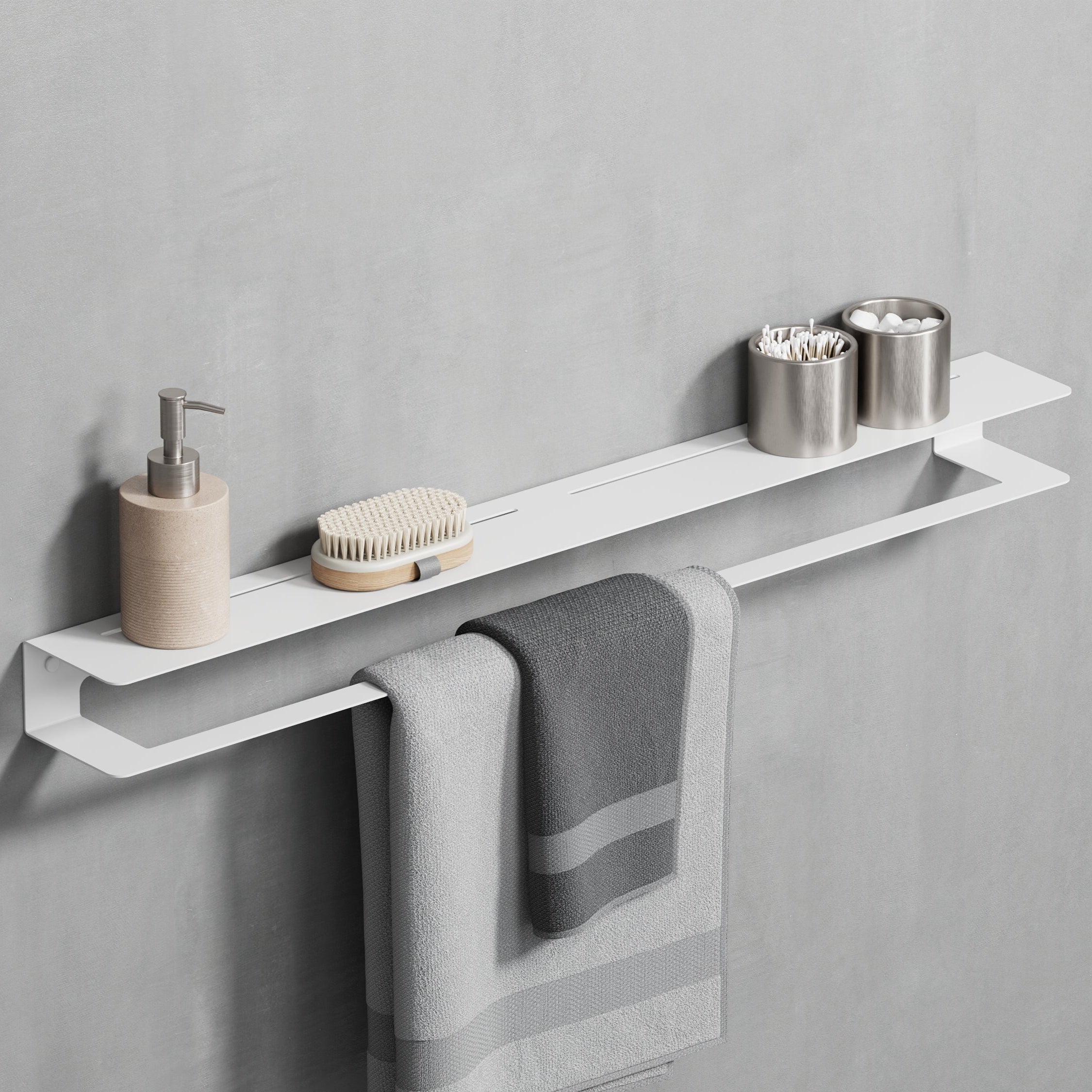 White matte steel towel holder with shelf