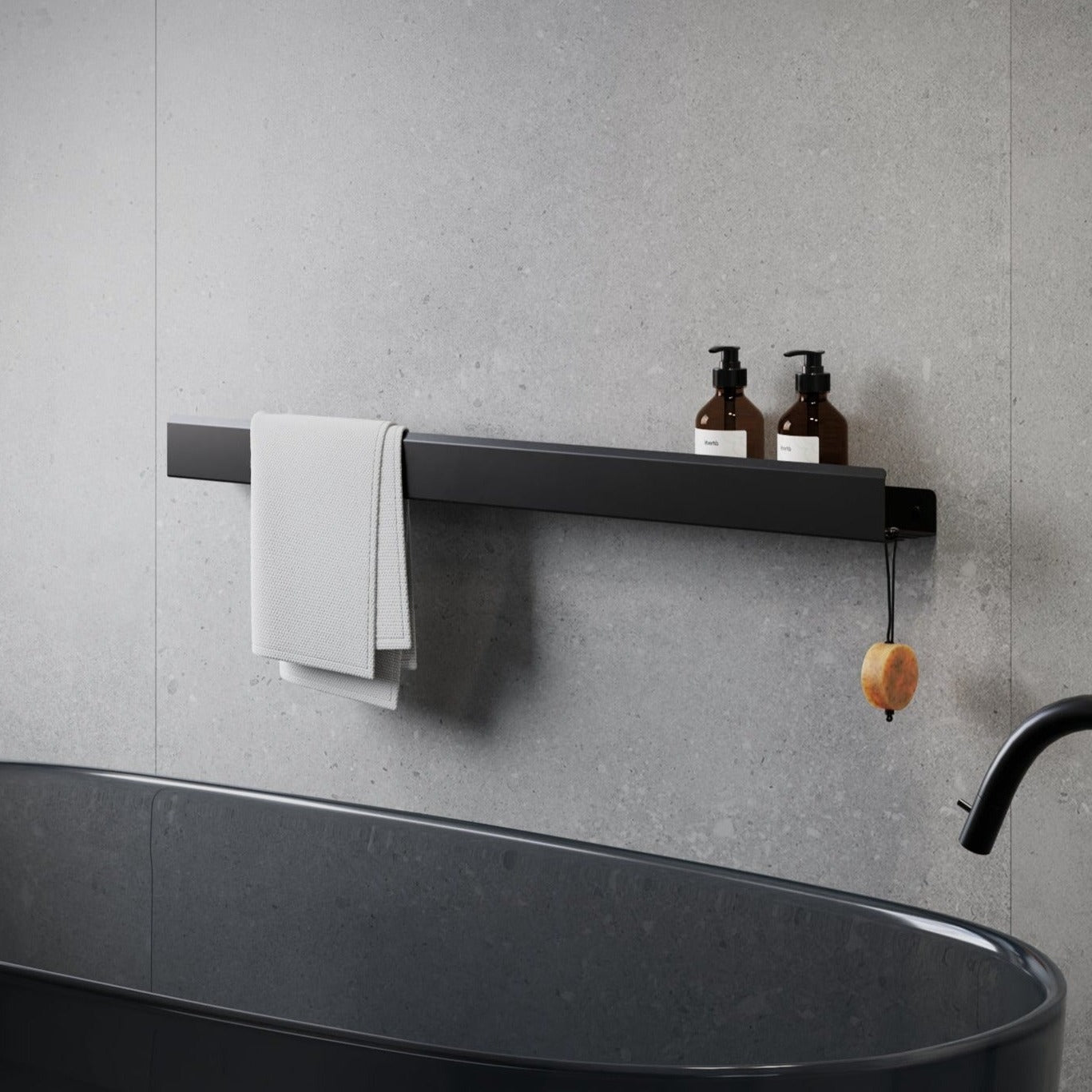 black matte steel shelf with towel rack