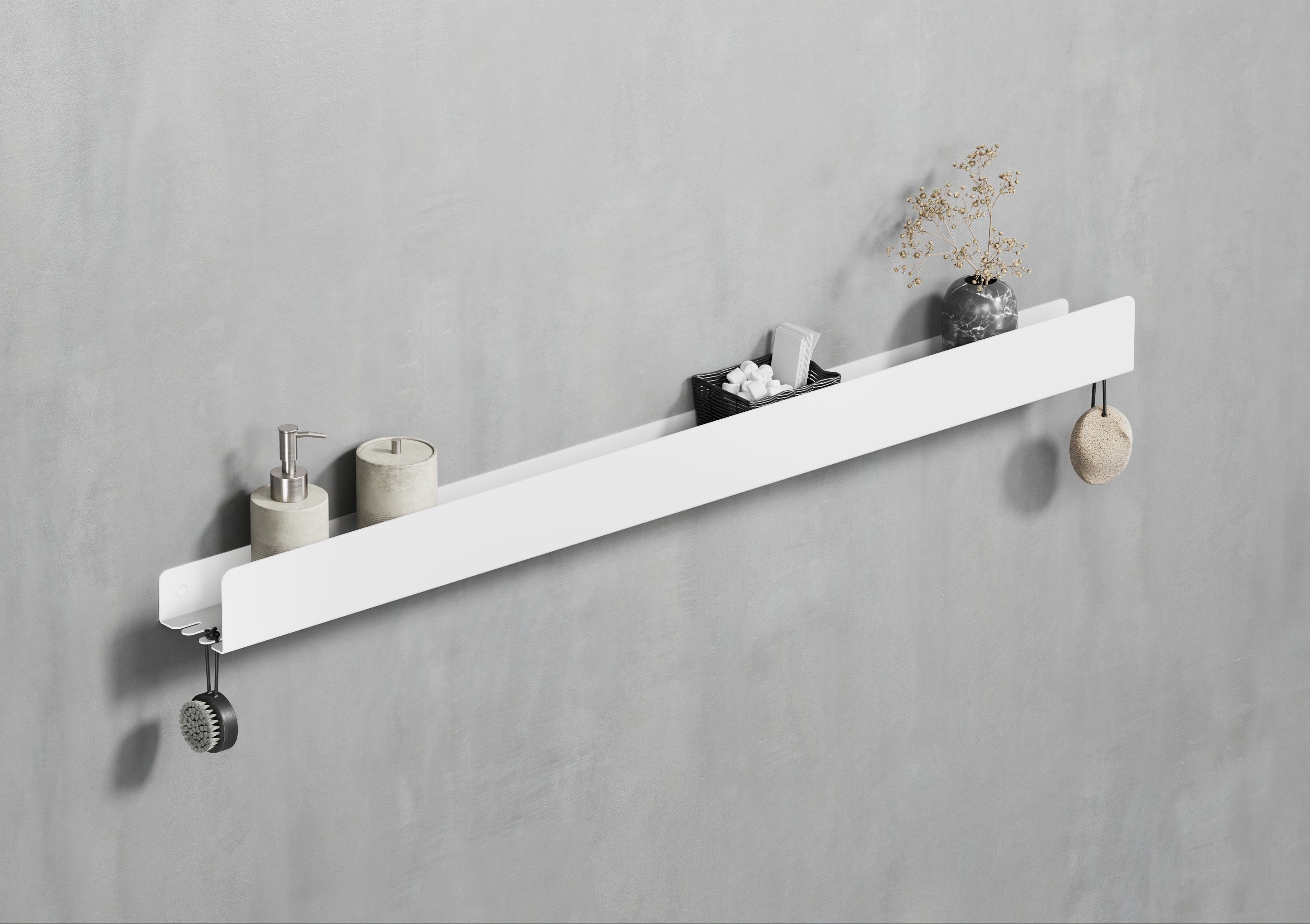 white steel long shower shelf