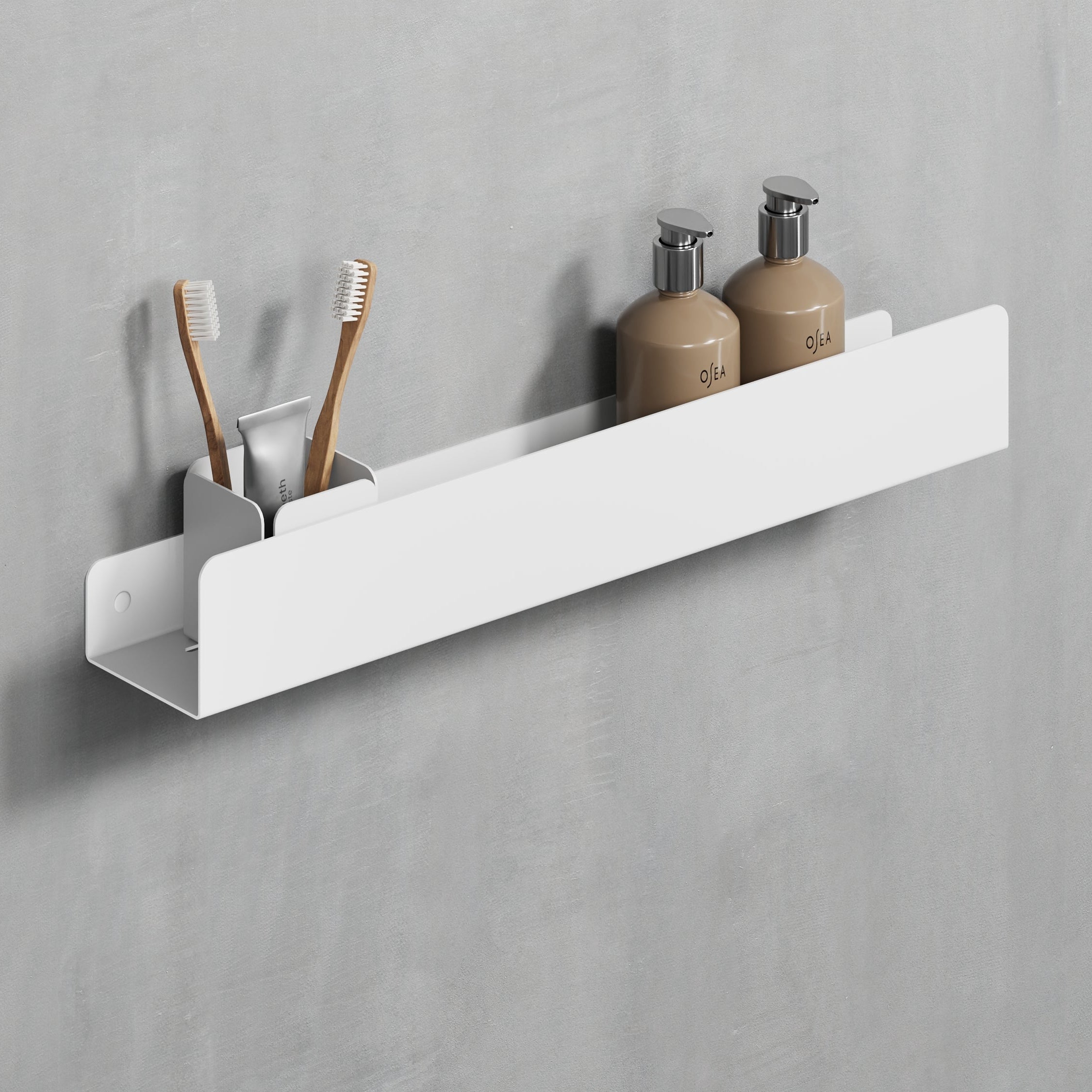 white metal shower shelf