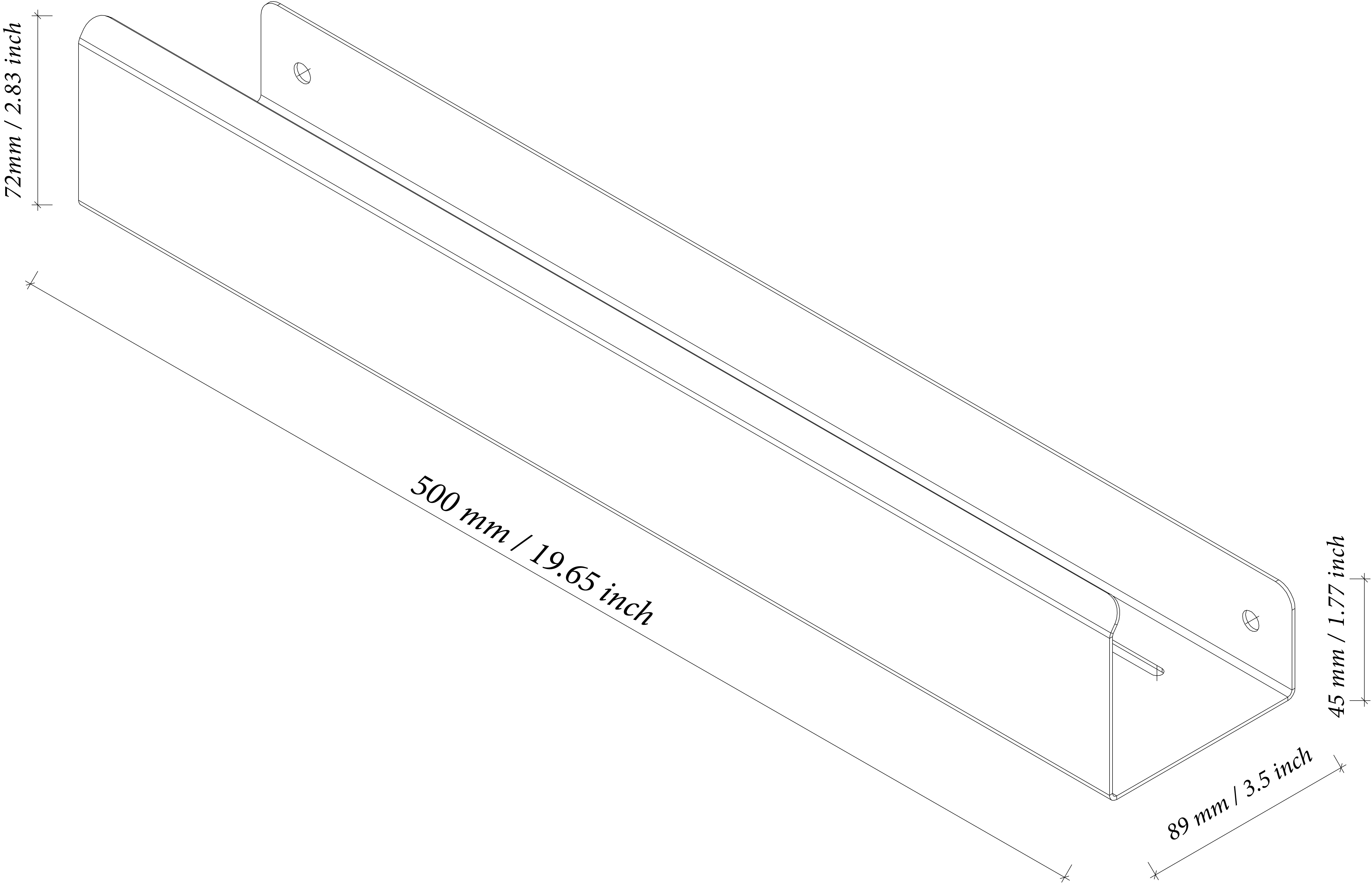 Shower shelf drawing, 500mm, 50cm, 19.7"