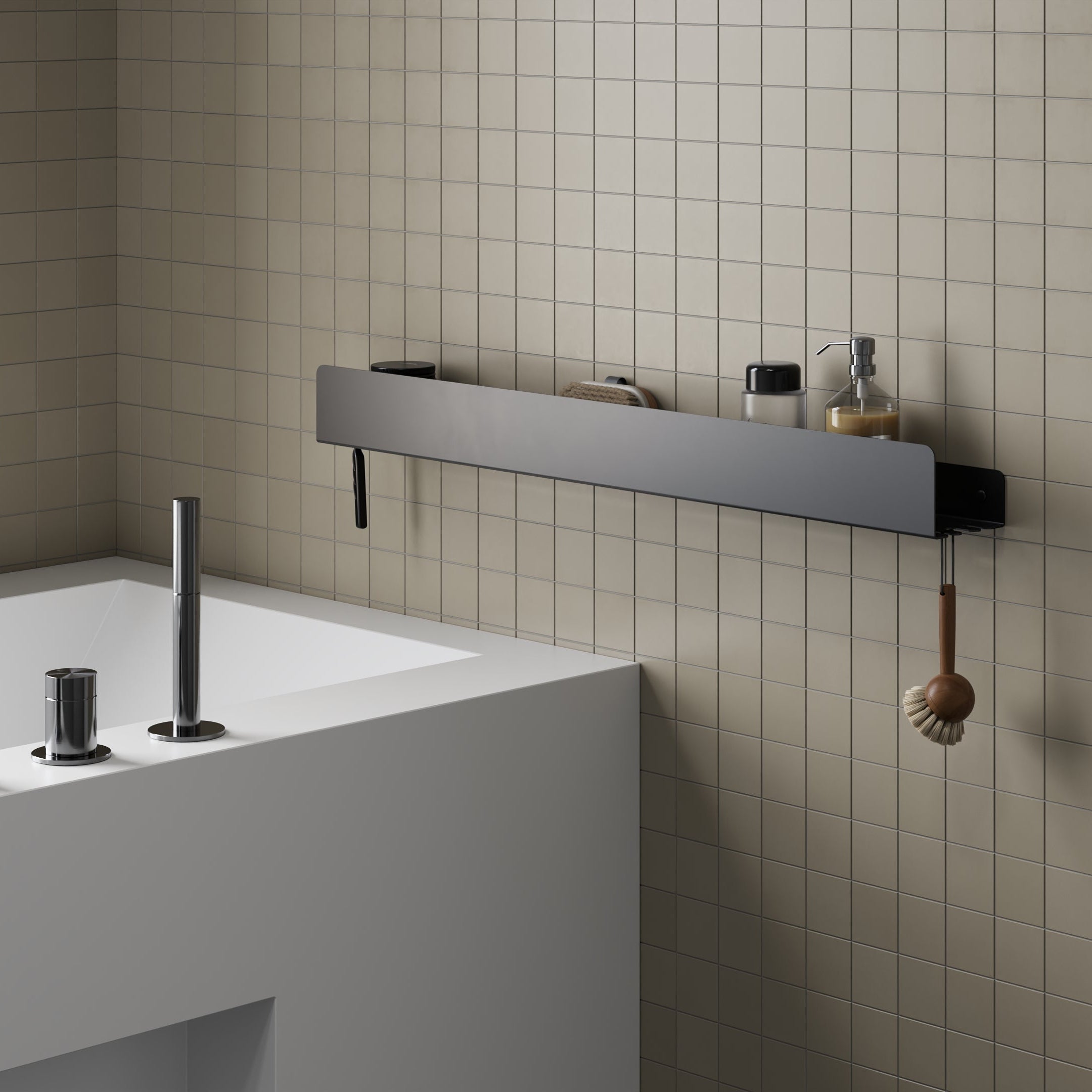 bathrom shelf with hooks