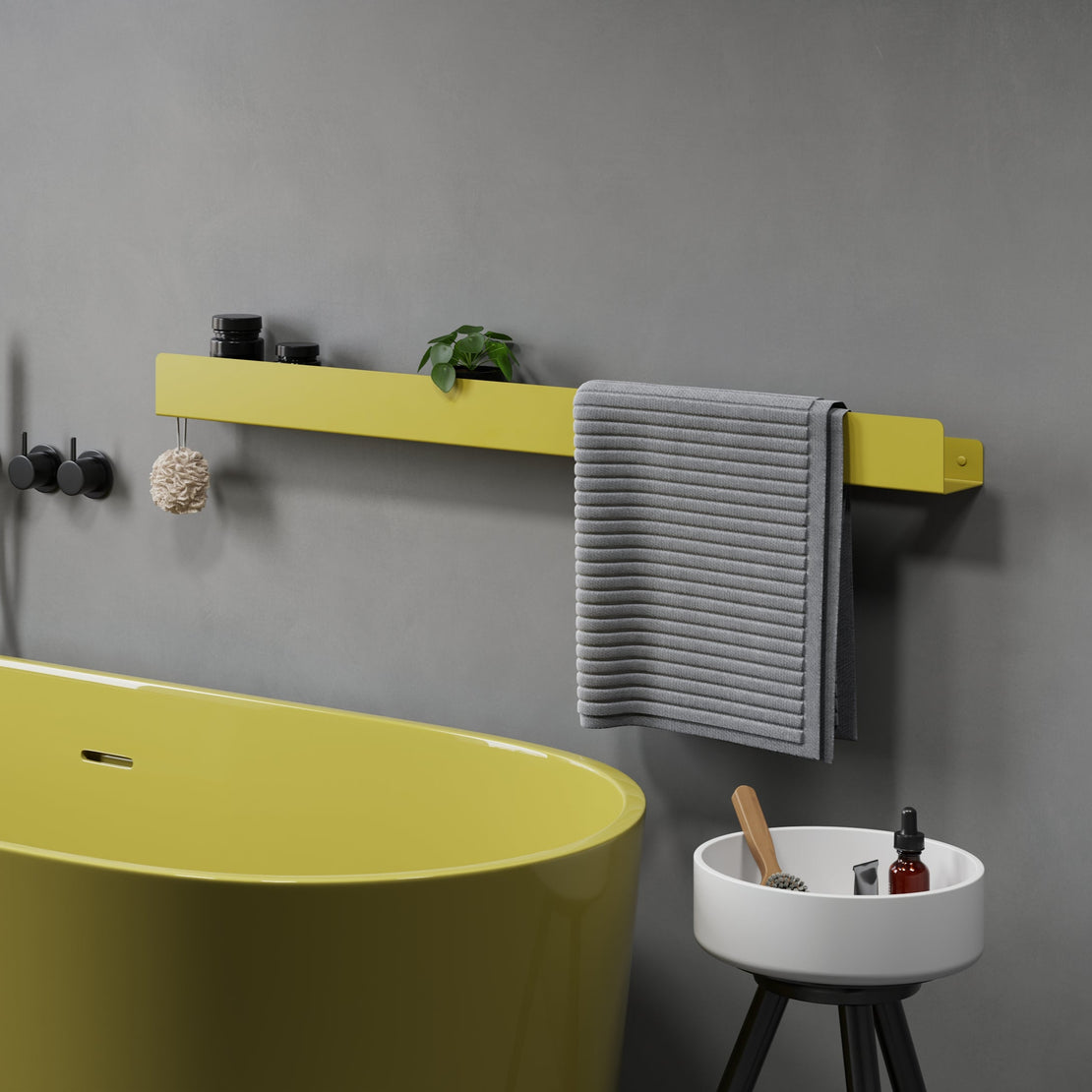 yellow long 100cm shelf with towel bar