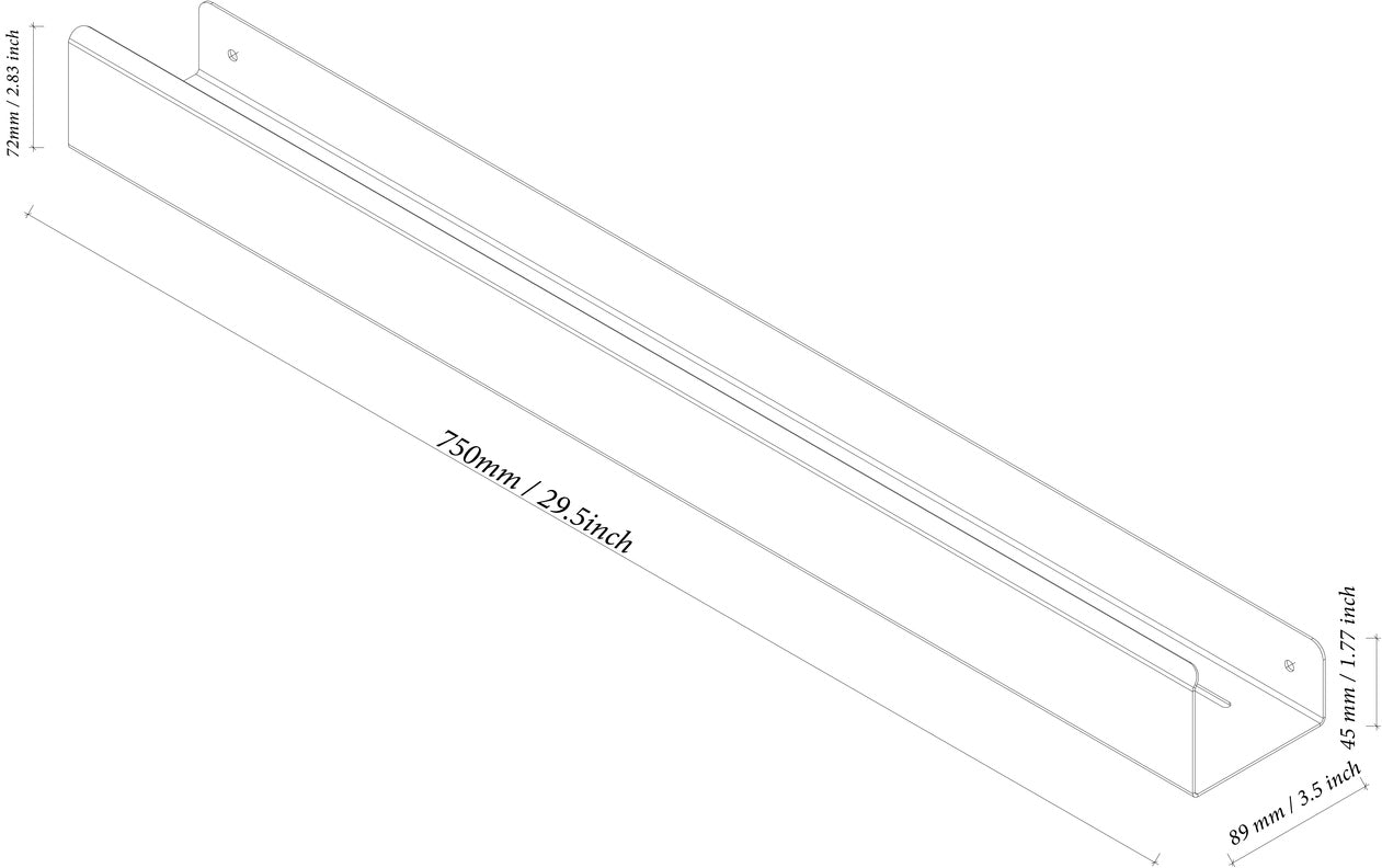 Shower shelf drawing, 750mm, 75cm, 29.5"