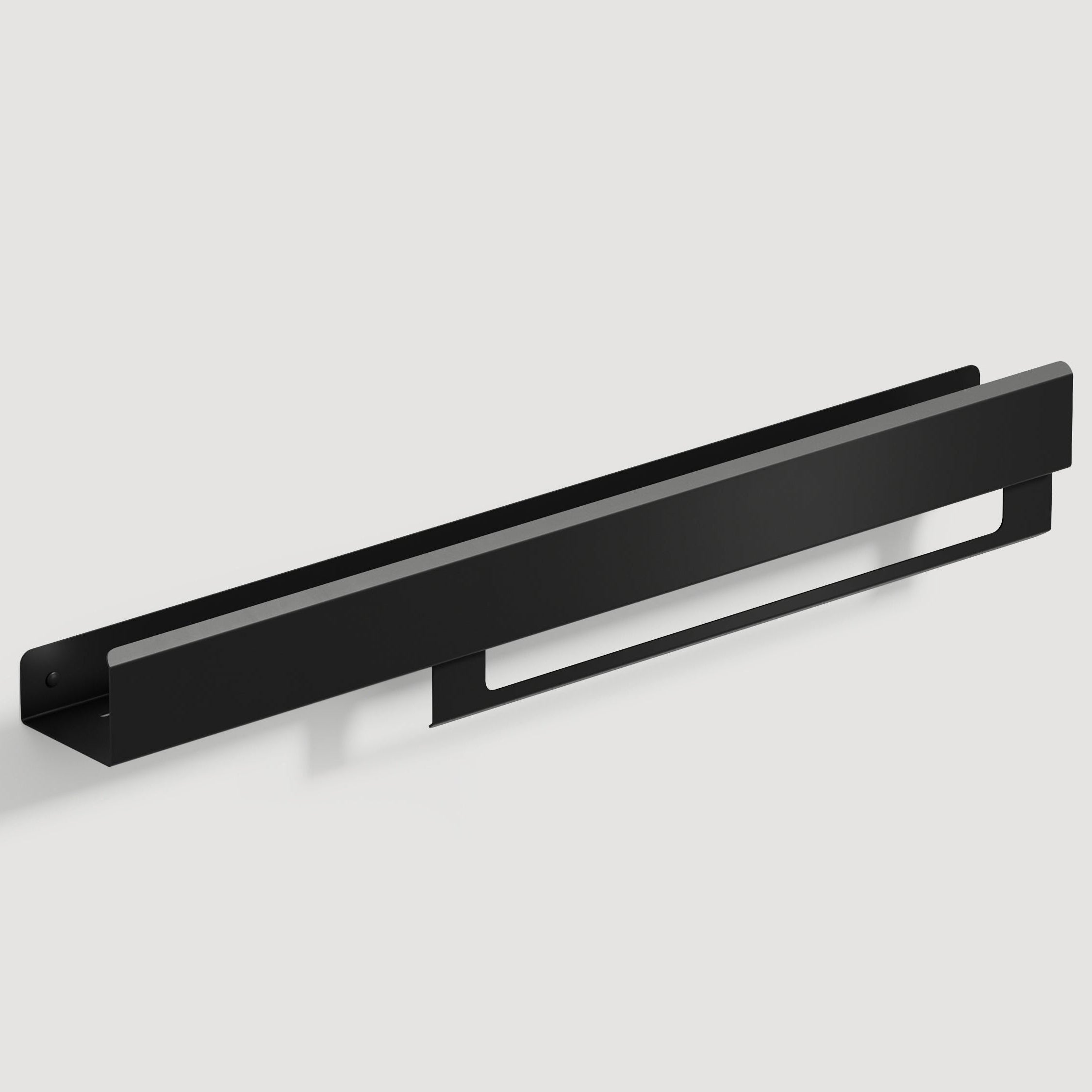  black bathroom shelf with a towel bar, mounted on a white wall