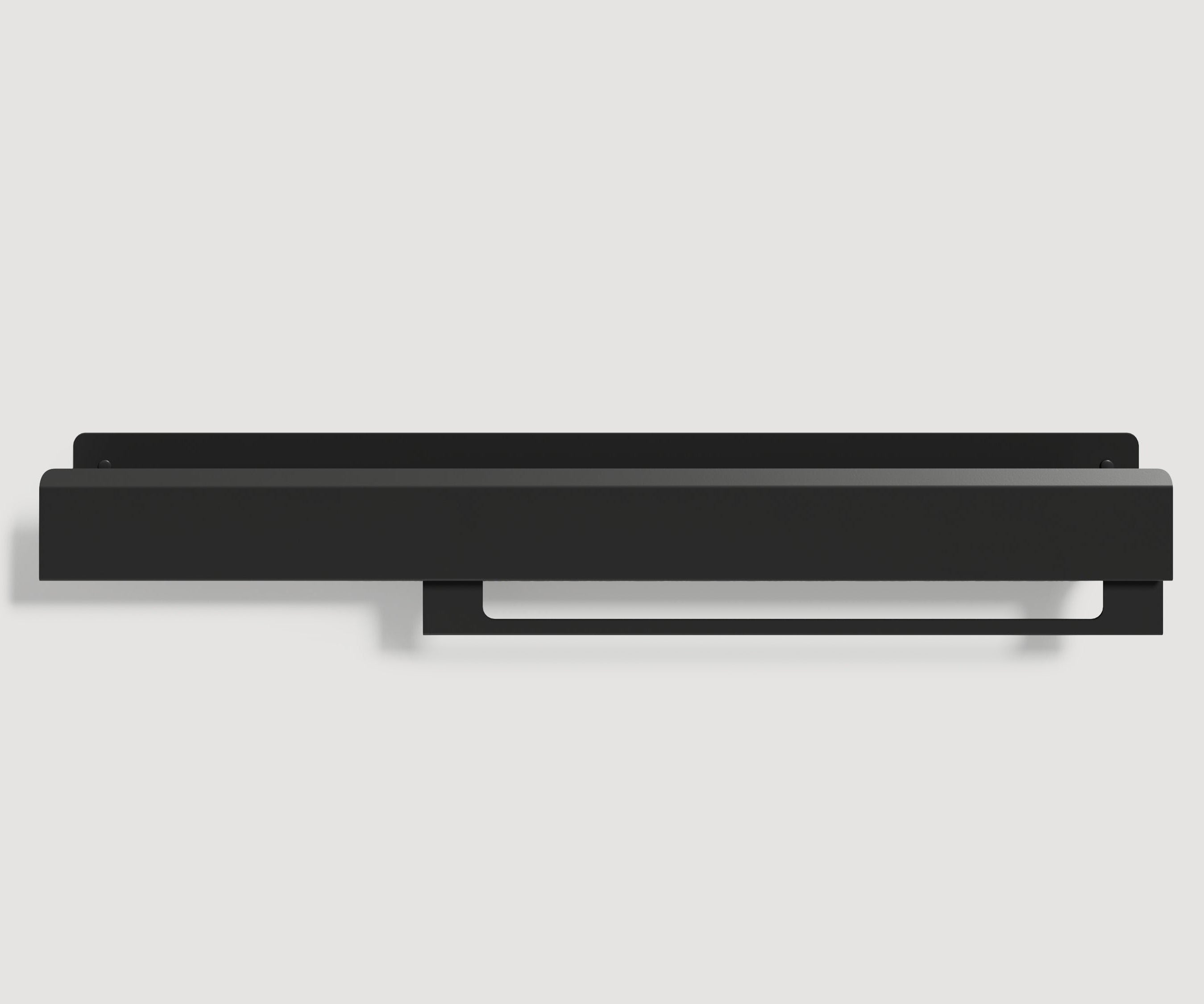Matte black bathroom shelf with a towel holder
