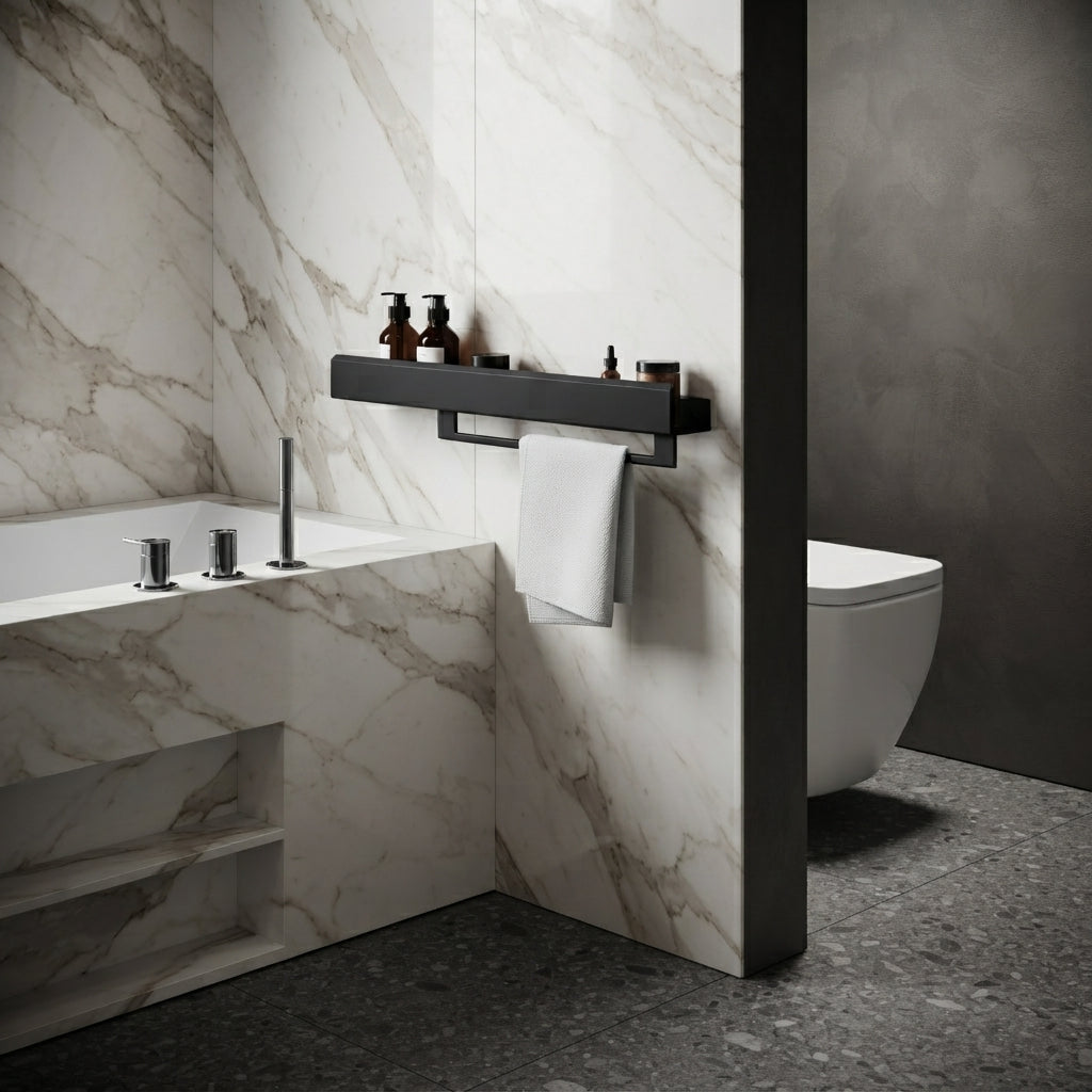 Black bathroom shelf with a towel holder, mounted on a white marble wall. Accessories and towel are not included