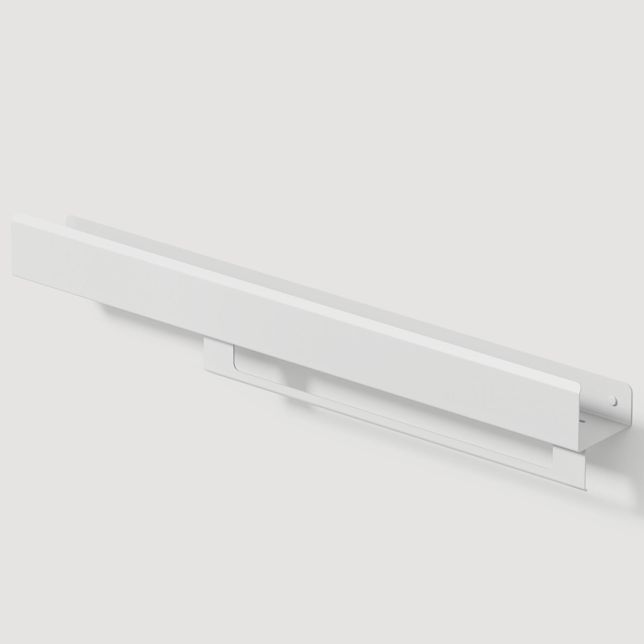 Matte white bathroom shelf with a towel rail, mounted on a white wall
