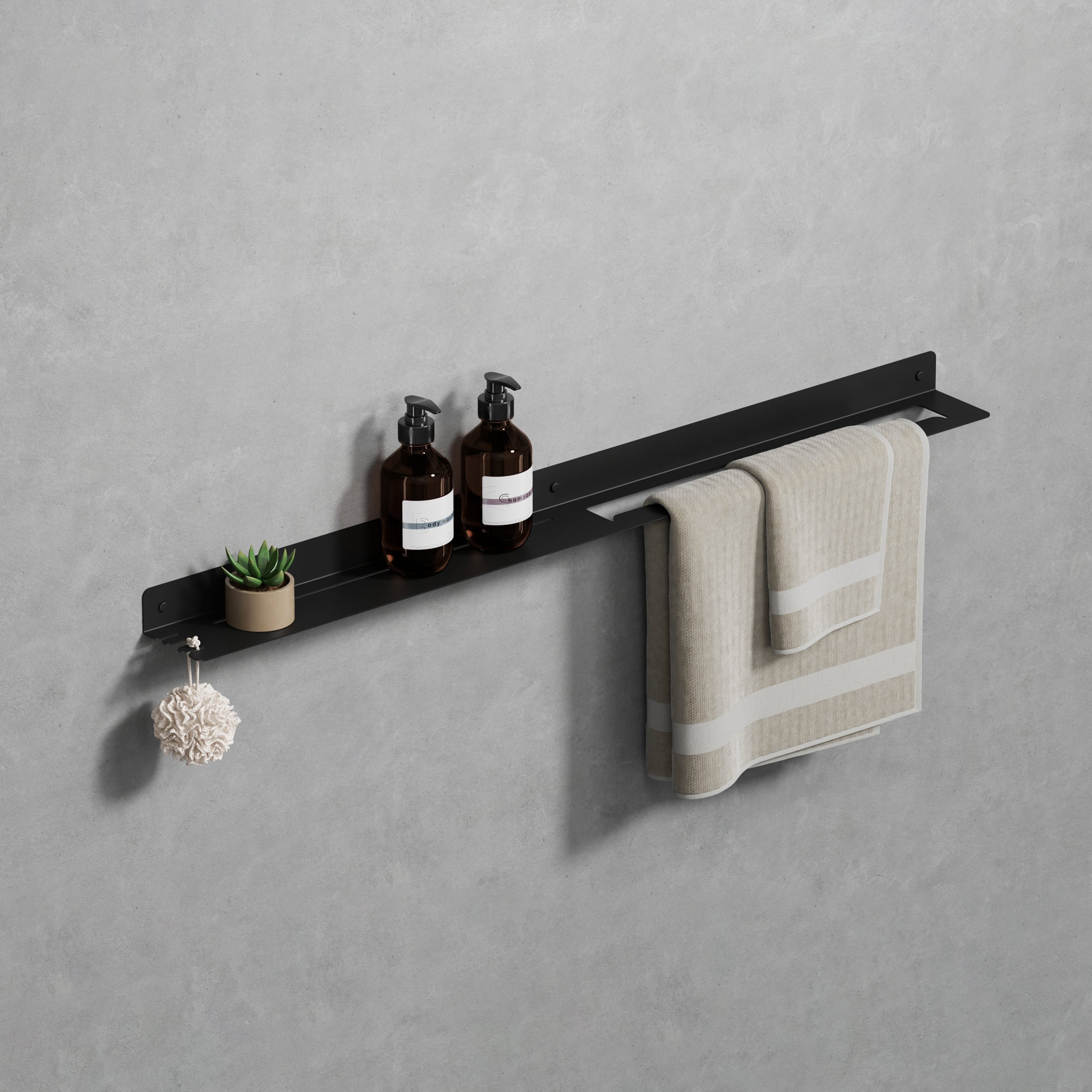 black steel shelf with towel holder and hook