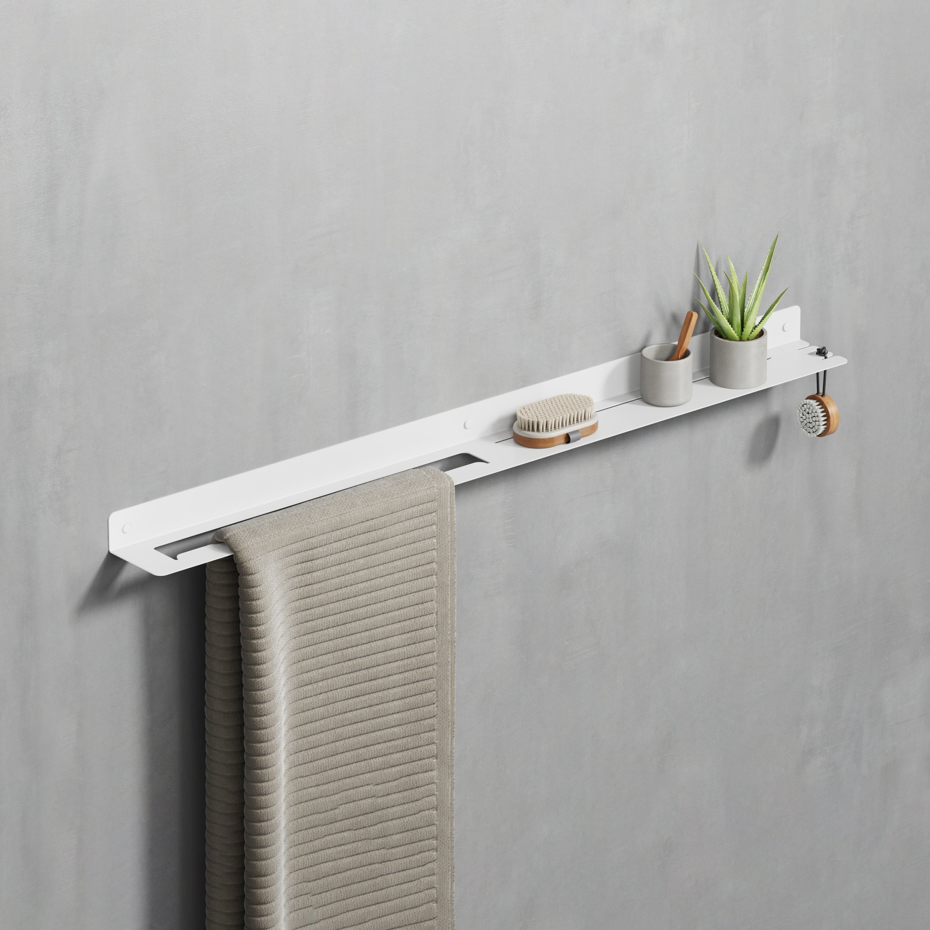 white steel shelf with towel holder and hook